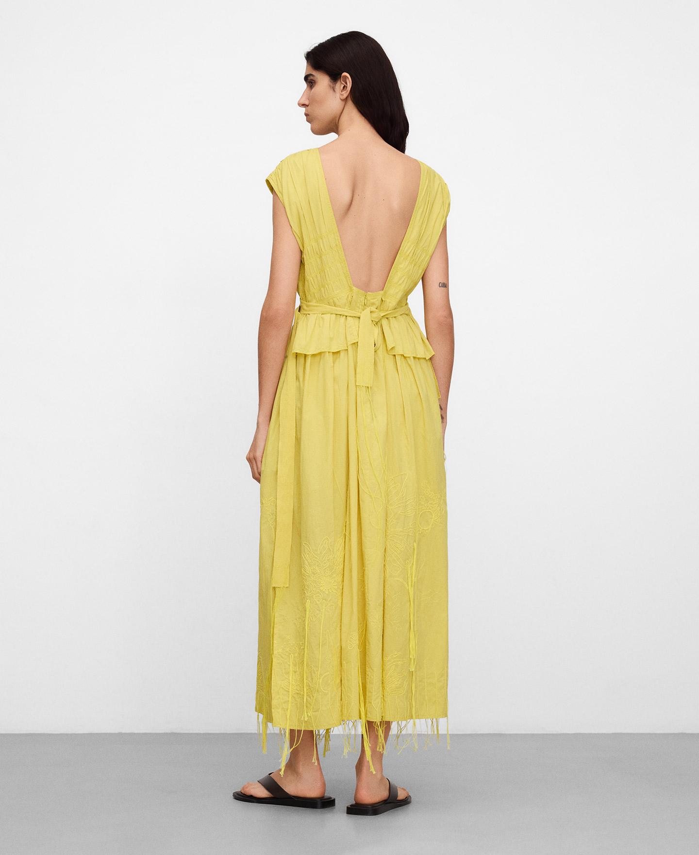 Vestido Comprido Bordado com Franjas em Algodão Amarelo-limão-3