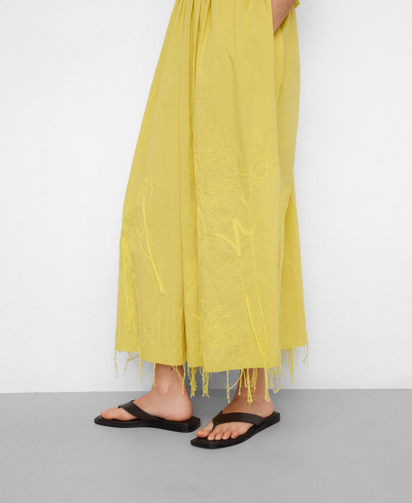 Vestido Comprido Bordado com Franjas em Algodão Amarelo-limão-4