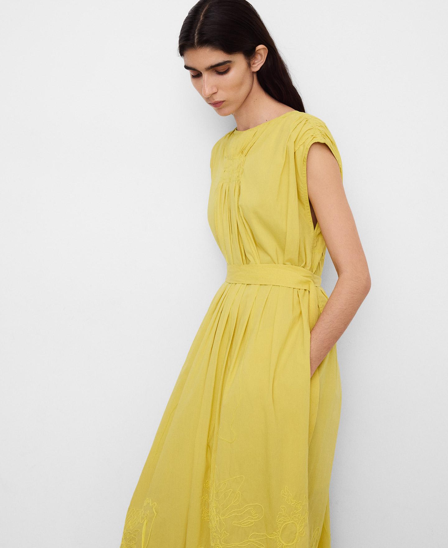 Vestido Comprido Bordado com Franjas em Algodão Amarelo-limão-5