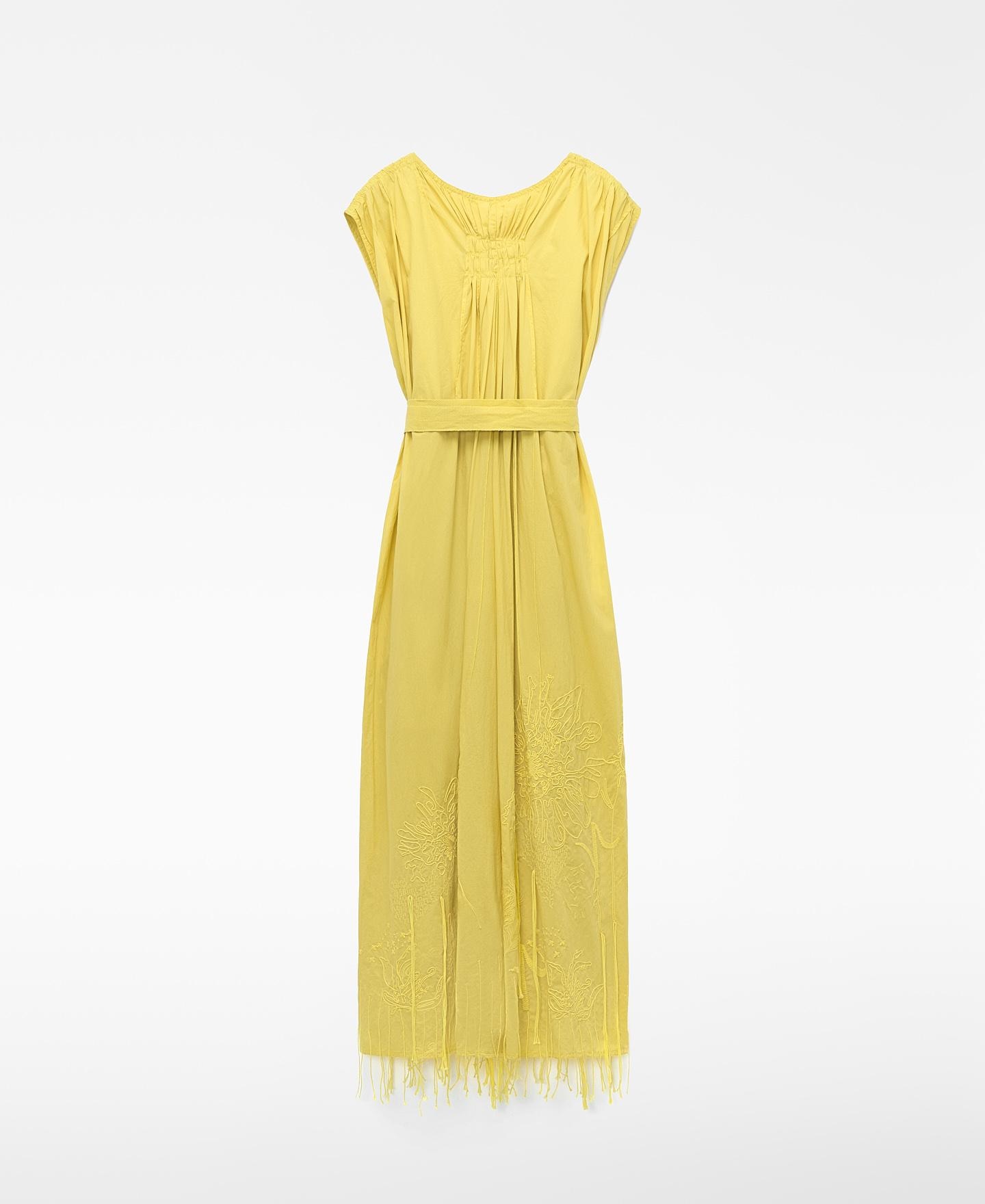 Vestido Comprido Bordado com Franjas em Algodão Amarelo-limão-7
