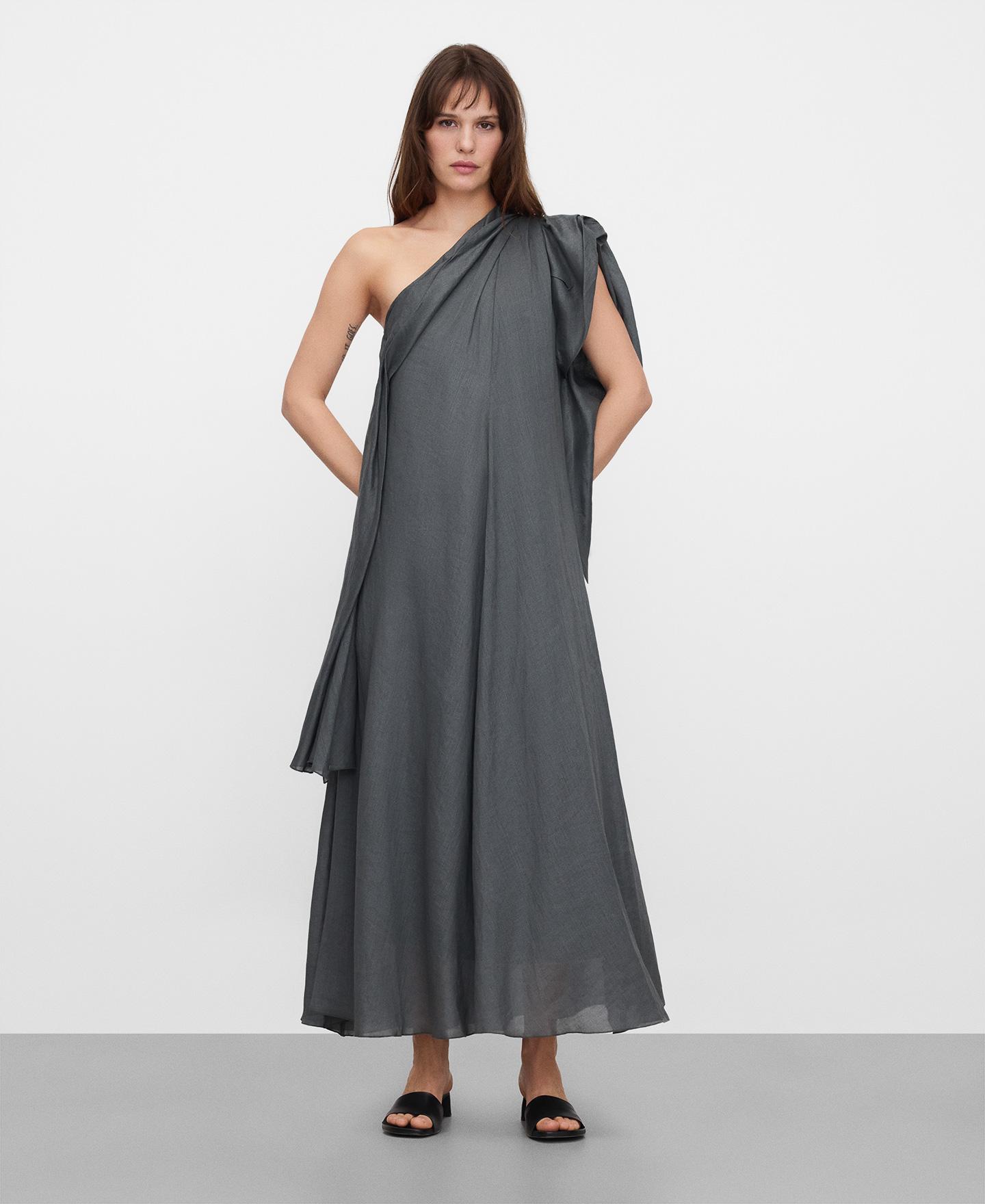 Vestido Comprido Assimétrico em Rami Cinzento-cinza-2