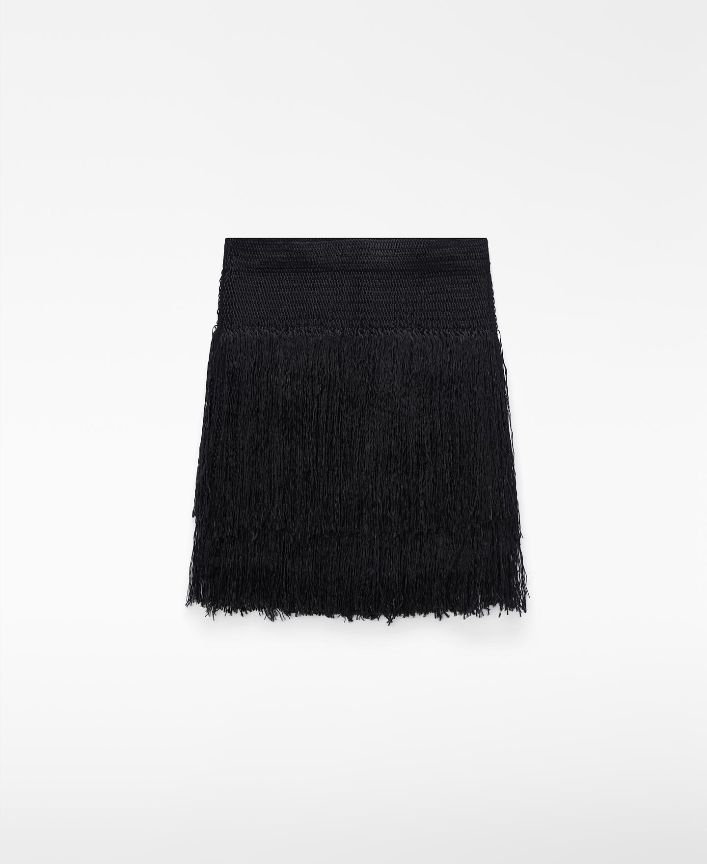 Saia Curta em Malha Intarsia com Franjas Preto-7
