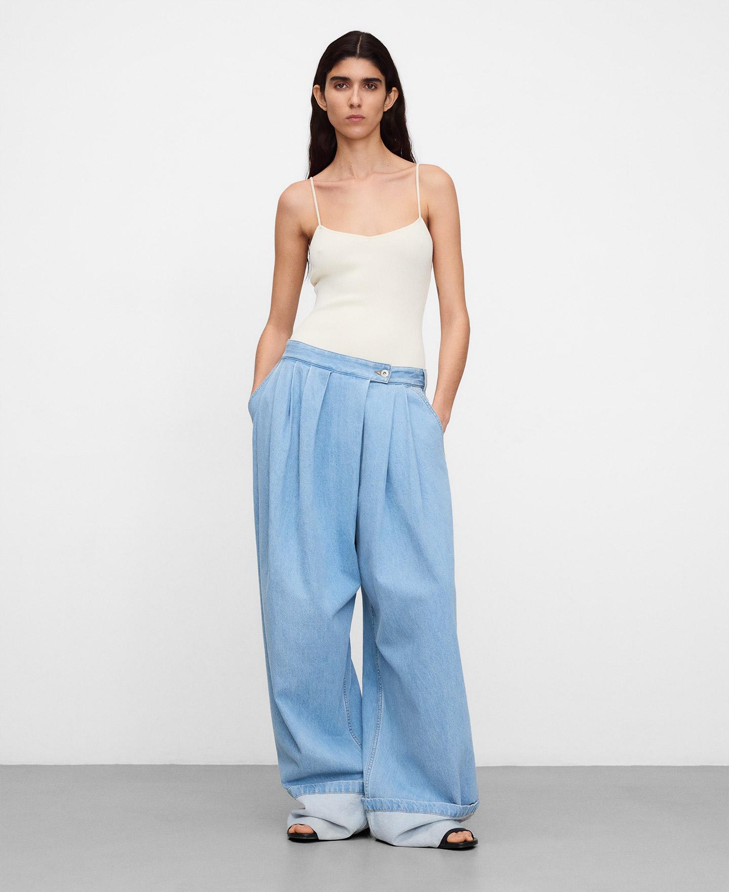 Jeans com Corte Baggy Cruzado em Denim de Algodão Azul-claro-2