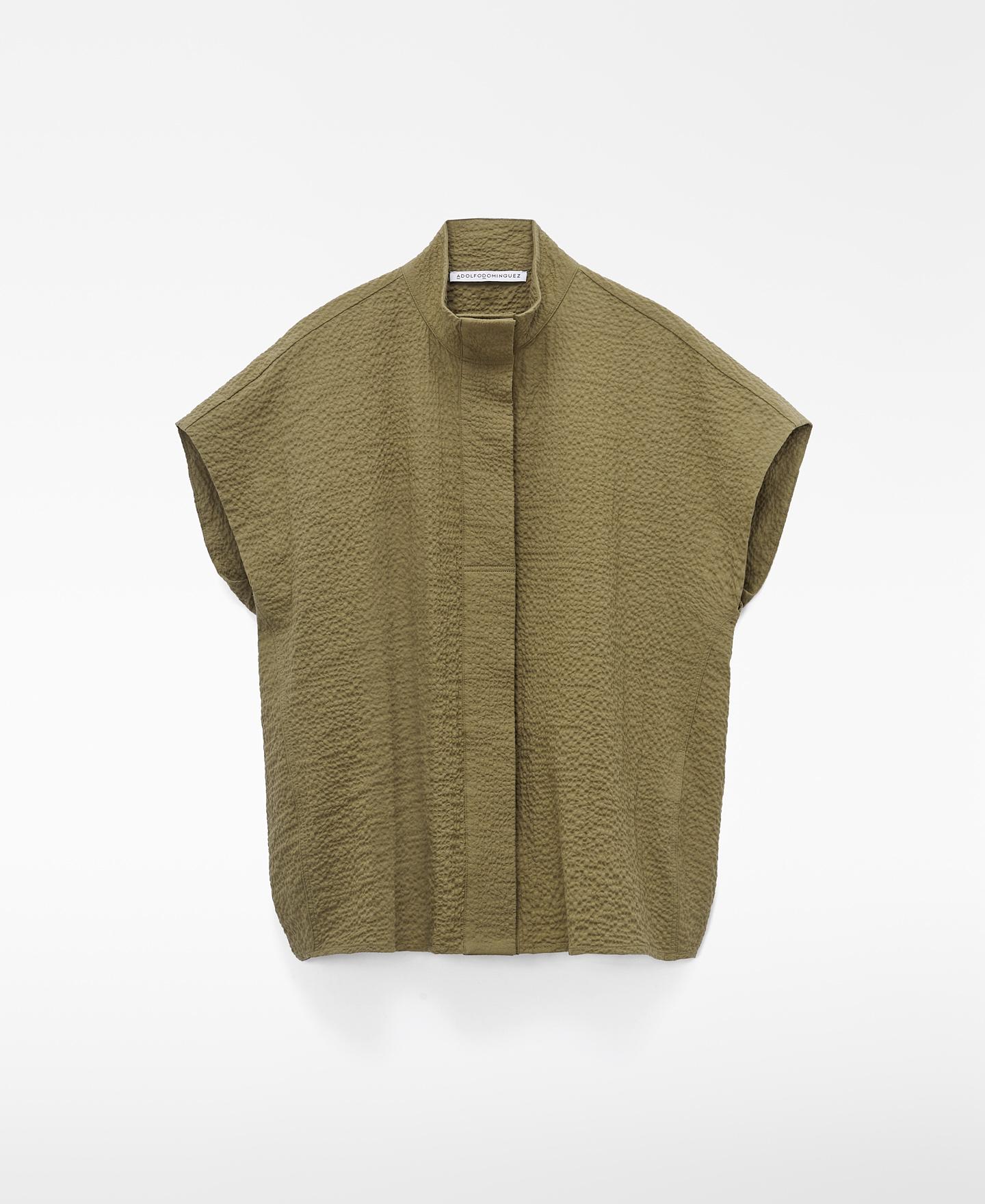 Camisa Boxy em Tecido Seersucker Caqui-5