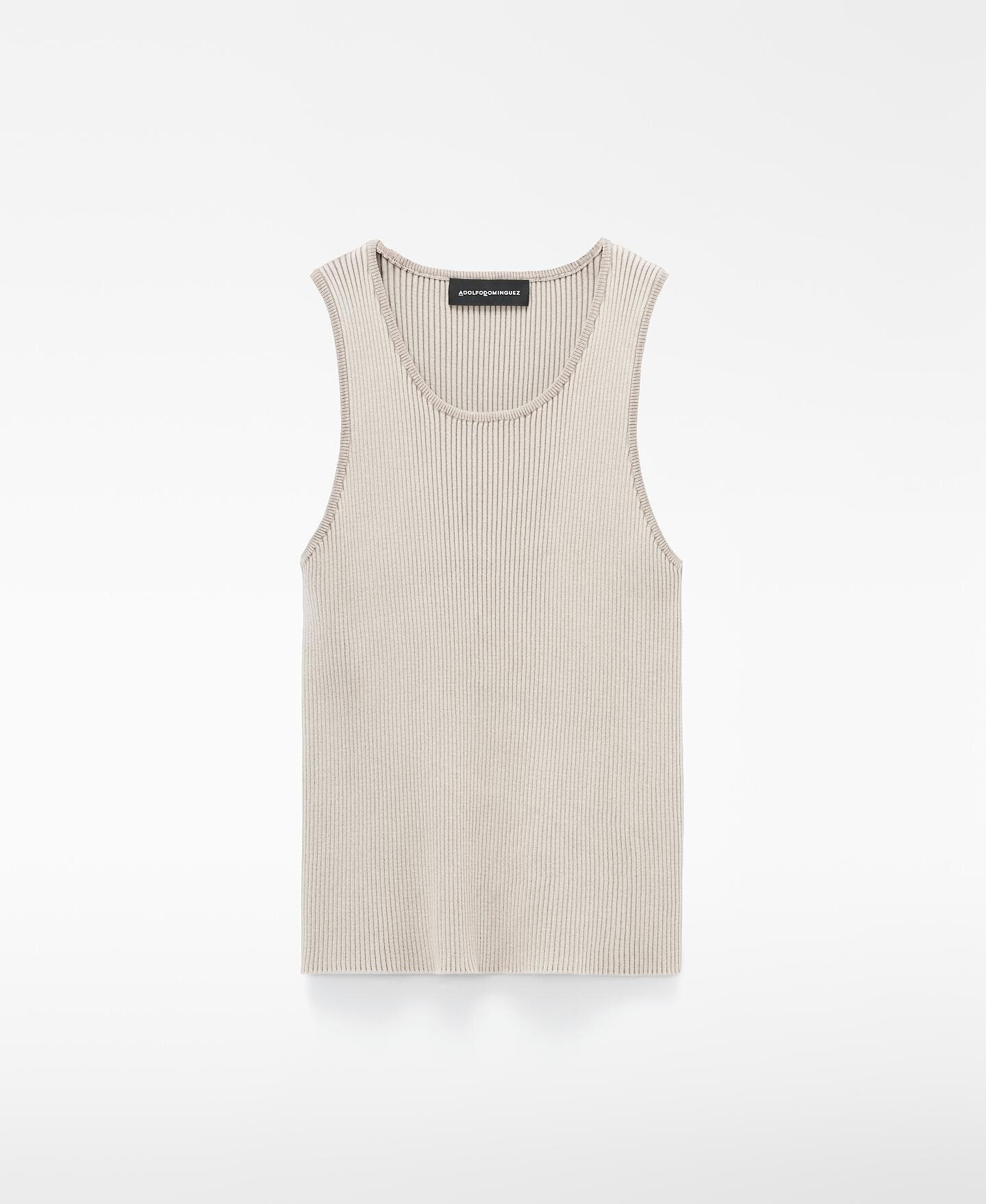 T-shirt sem Mangas de Canelado com Efeito Lavado Bege-5
