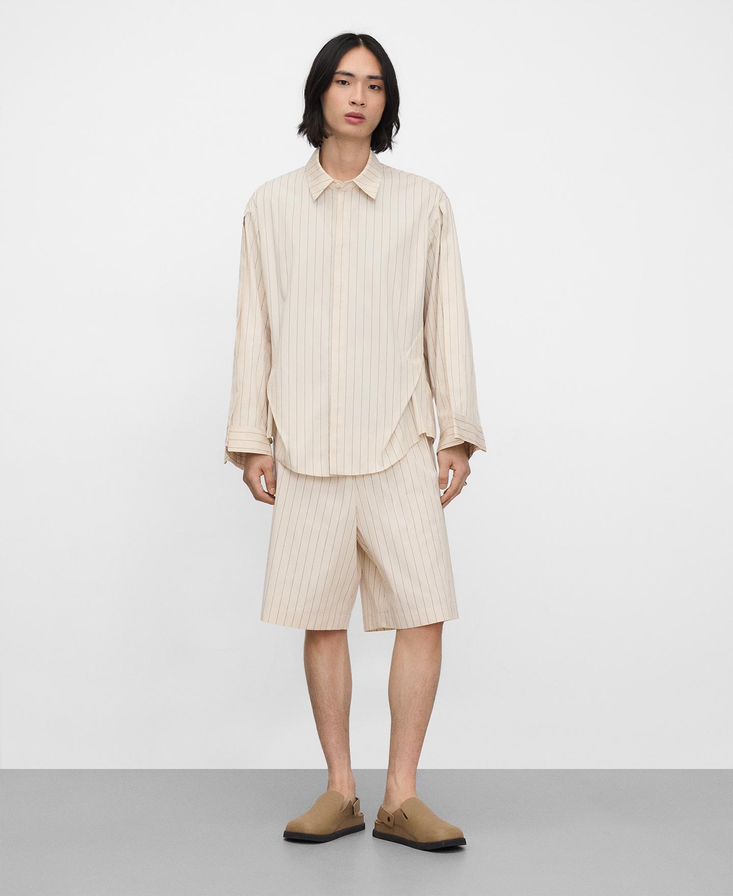 Camisa Relaxed Fit Às Riscas Bege-2