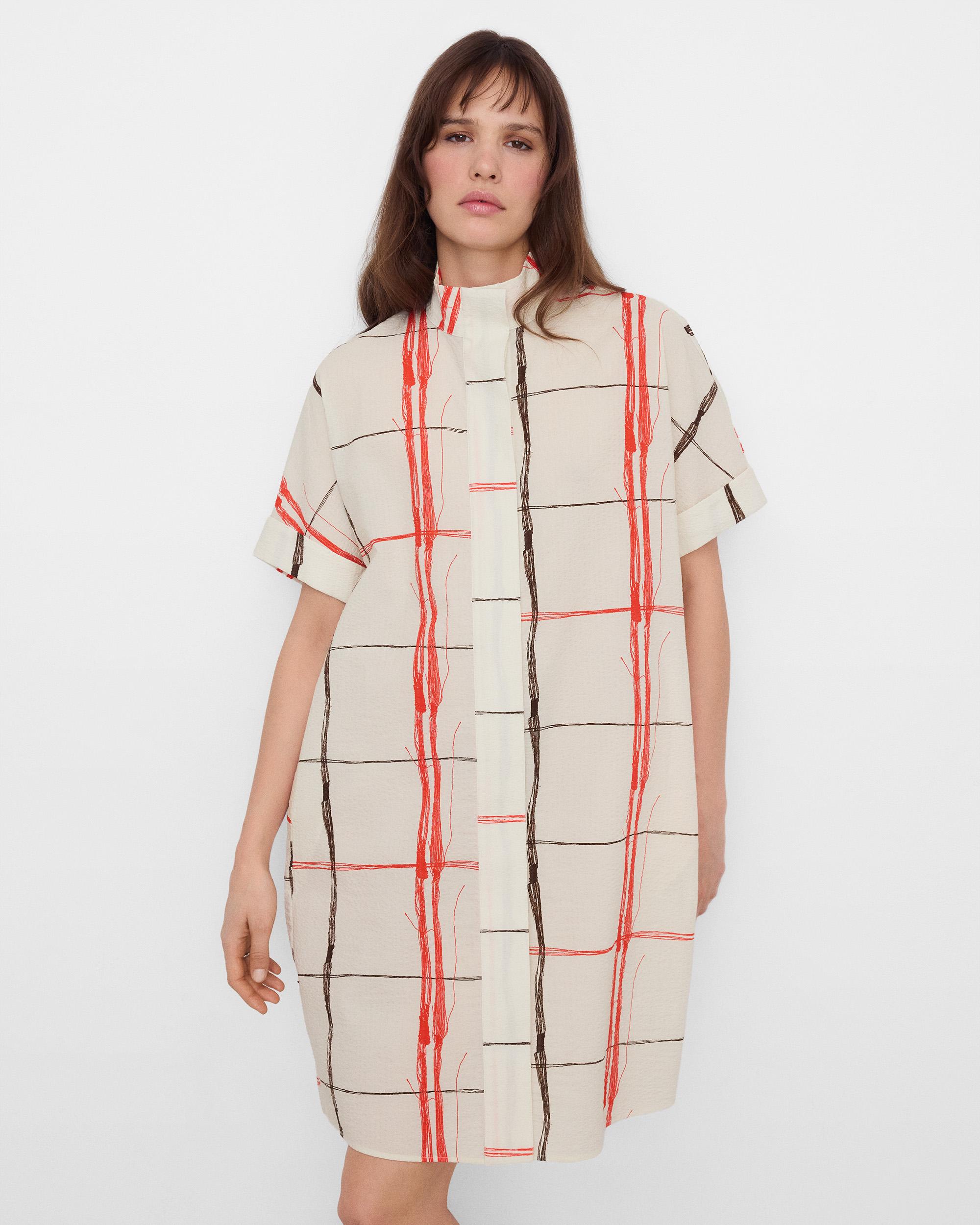 Vestido Midi Aos Quadrados em Tecido Seersucker Branco / Vermelho-1