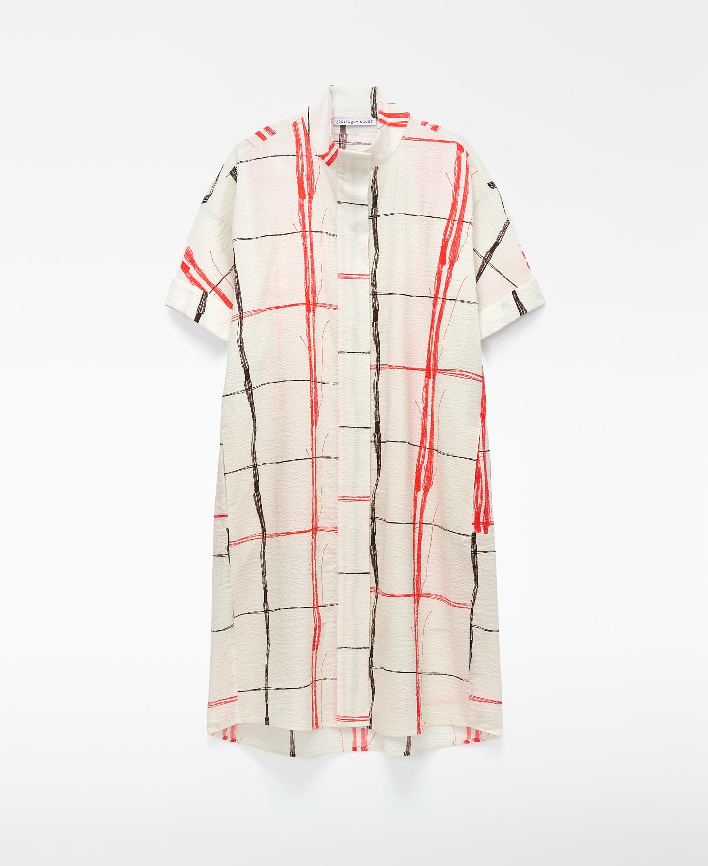 Vestido Midi Aos Quadrados em Tecido Seersucker Branco / Vermelho-5