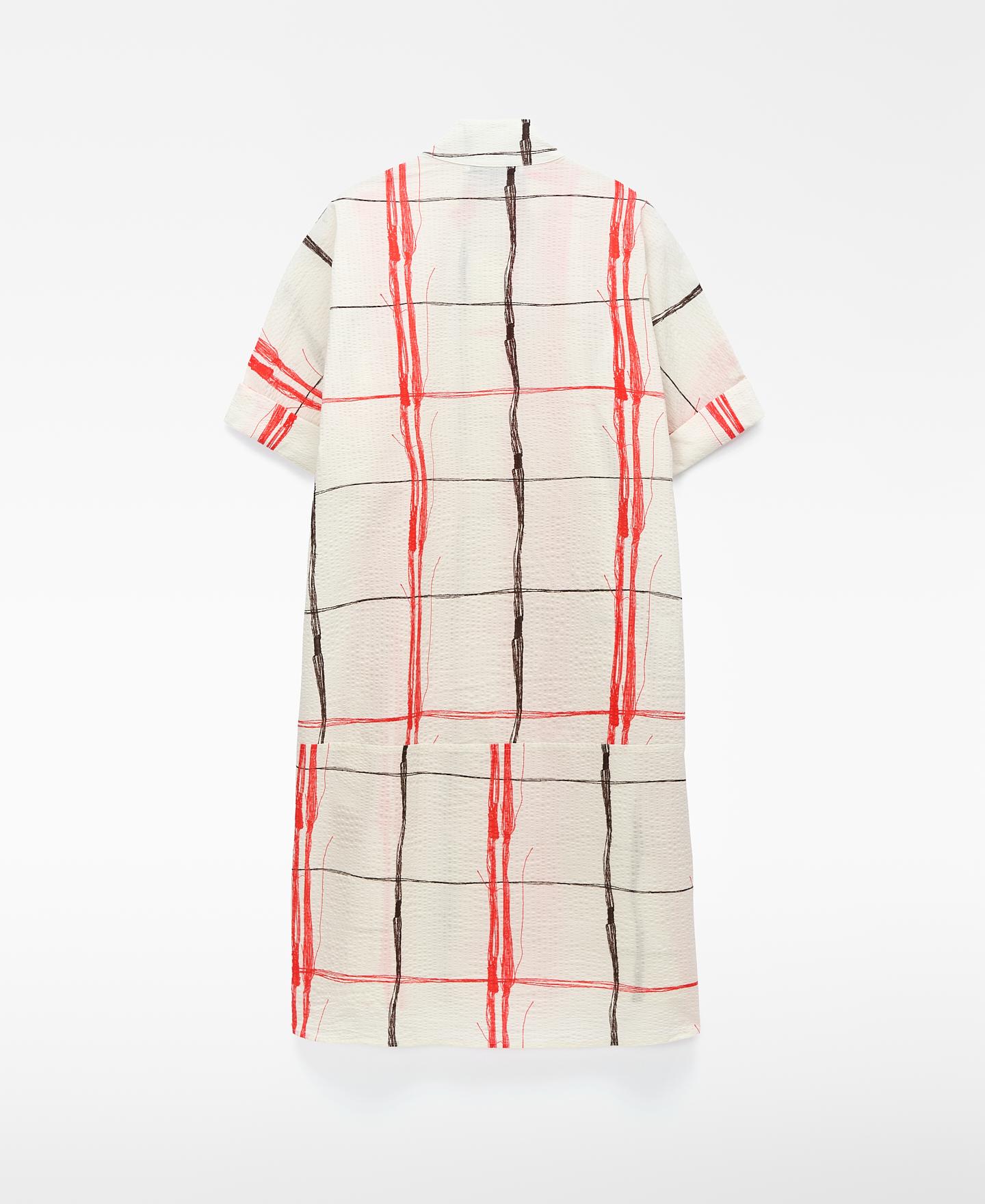 Vestido Midi Aos Quadrados em Tecido Seersucker Branco / Vermelho-6