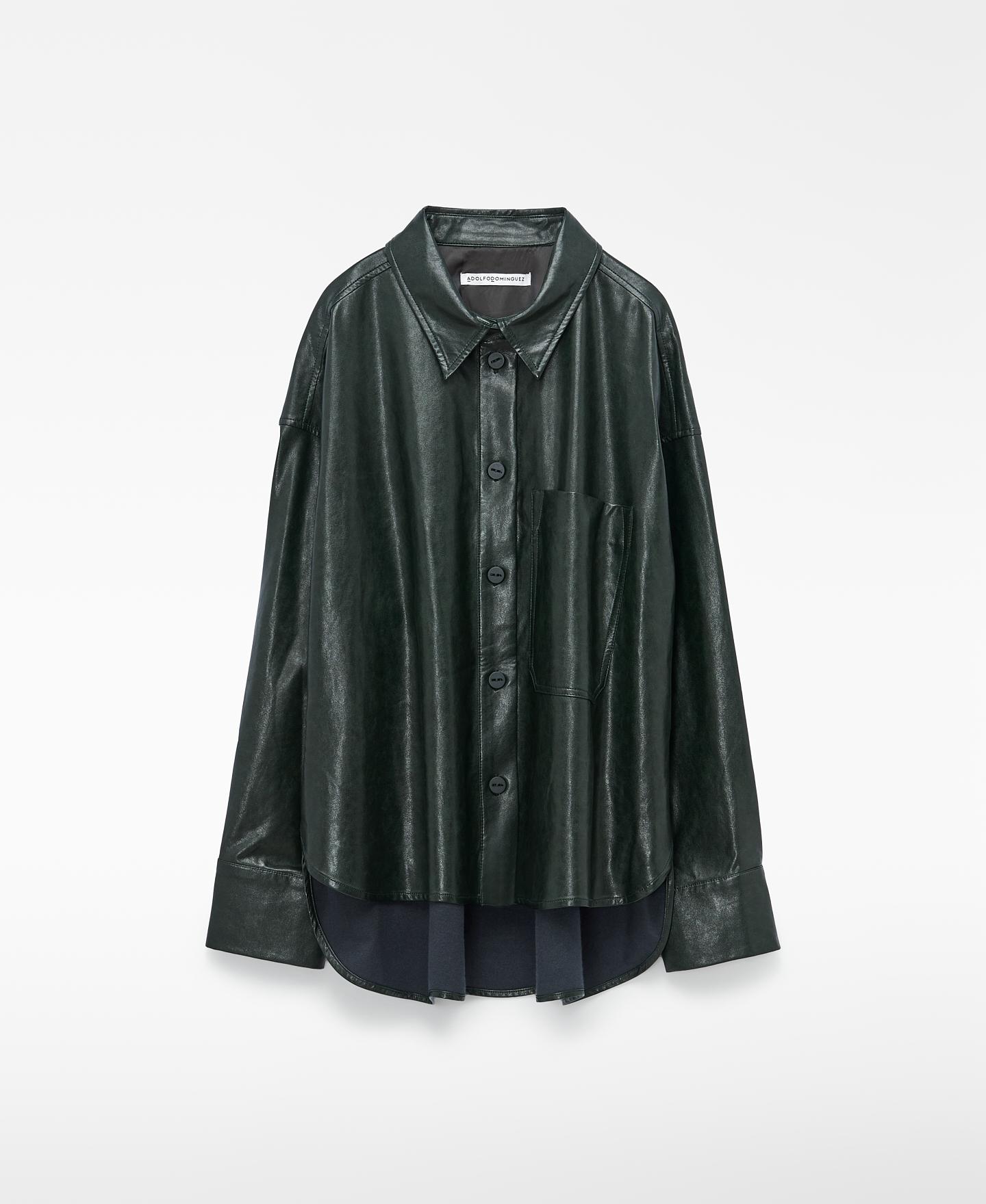 Sobrecamisa com Gola Italiana em Pele Não Pele Verde-escuro-5