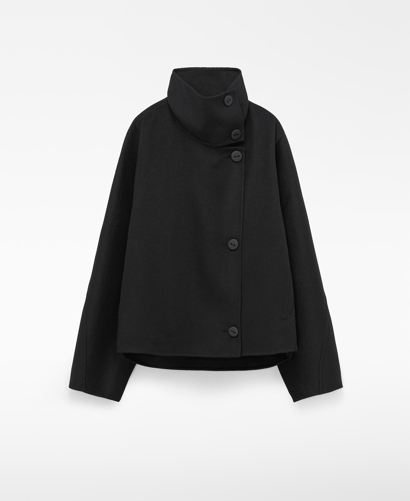 Sobretudo Curto Cruzado com Lã Merino Preto-7