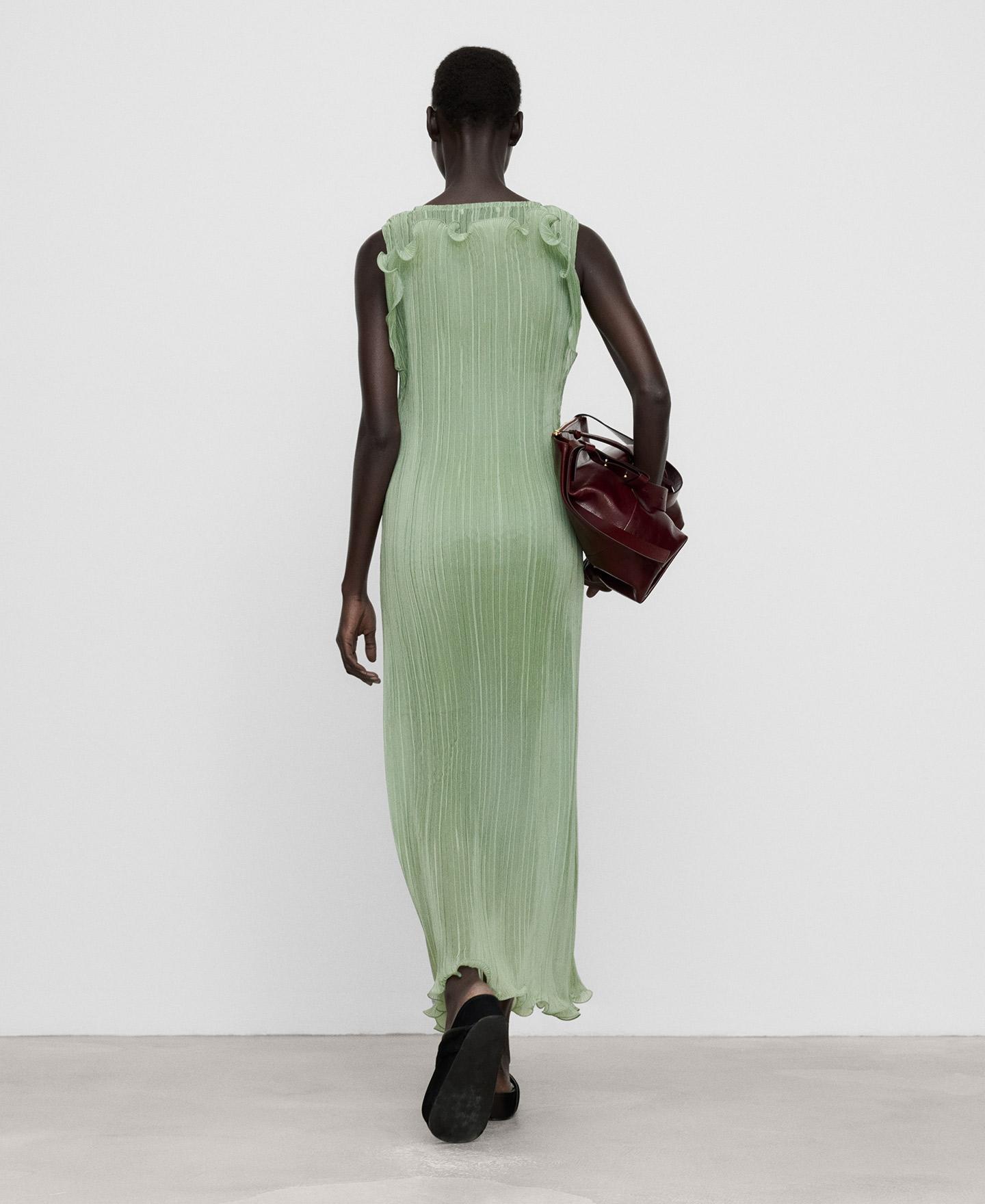 Vestido Comprido de Crinkle com Decote Estruturado Verde-3