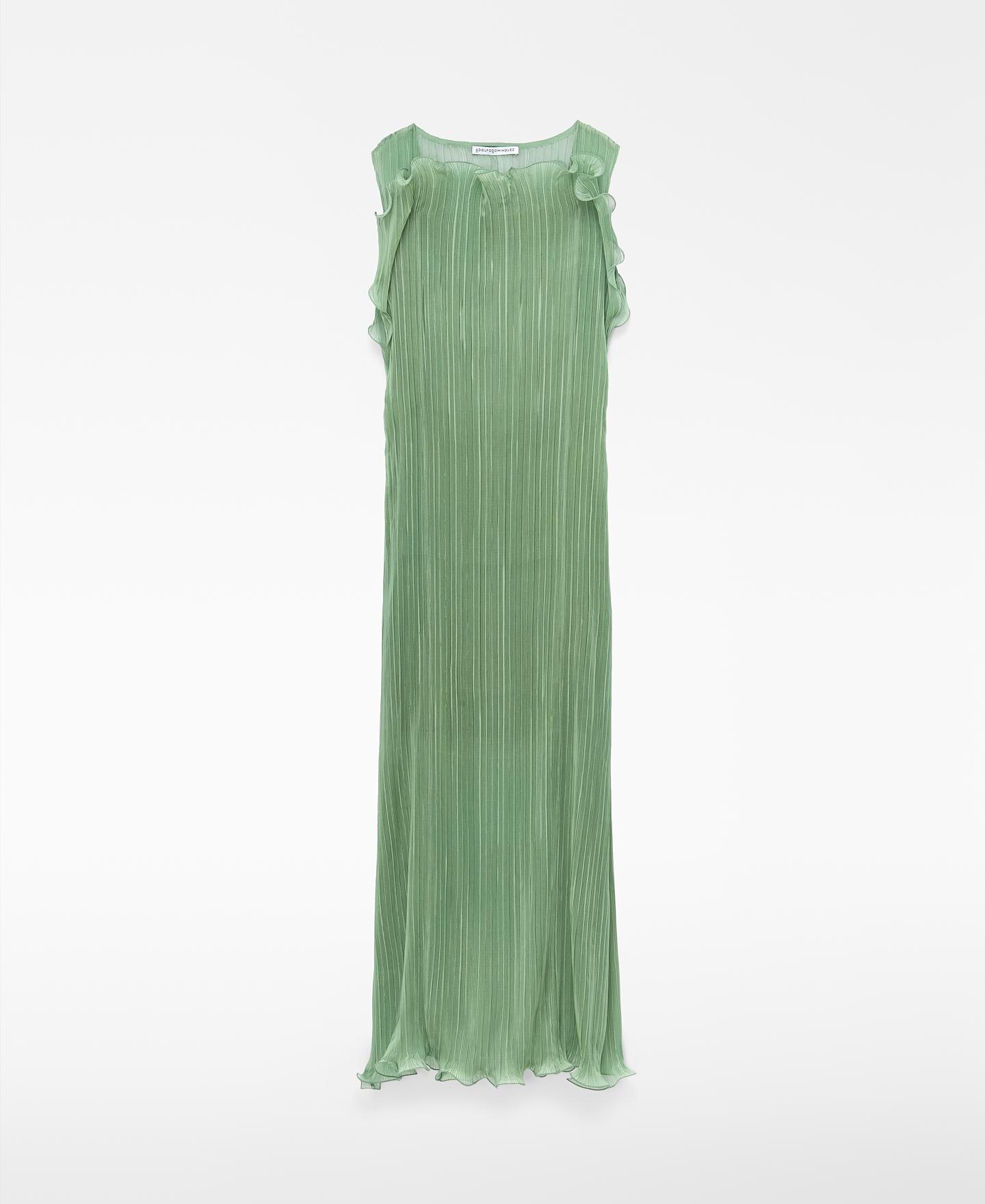 Vestido Comprido de Crinkle com Decote Estruturado Verde-5