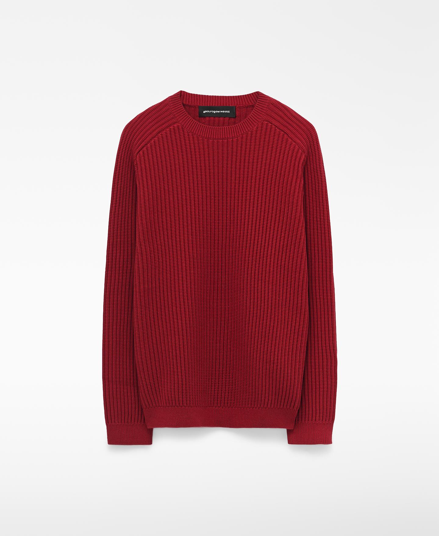 Camisola de Algodão com Gola Redonda e Remates em Canelado Vermelho-5
