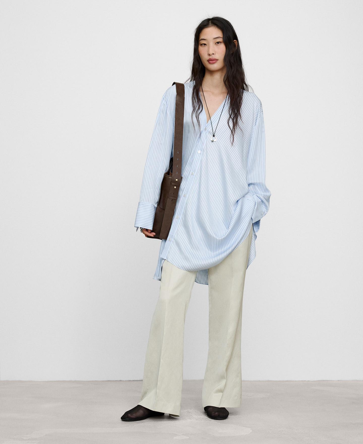 Vestido Curto Tipo Camisa Assimétrico Às Riscas Azul-2