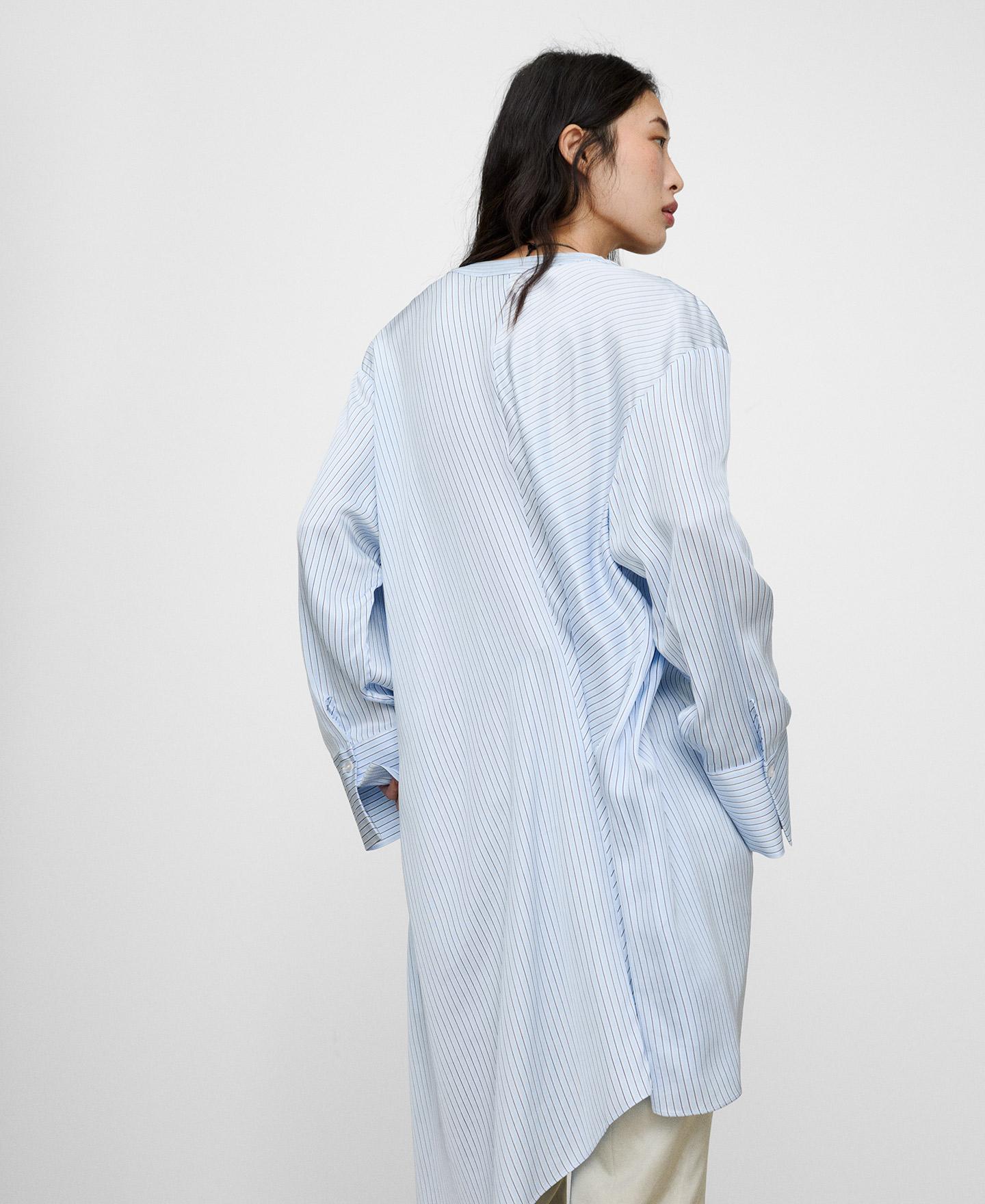 Vestido Curto Tipo Camisa Assimétrico Às Riscas Azul-3