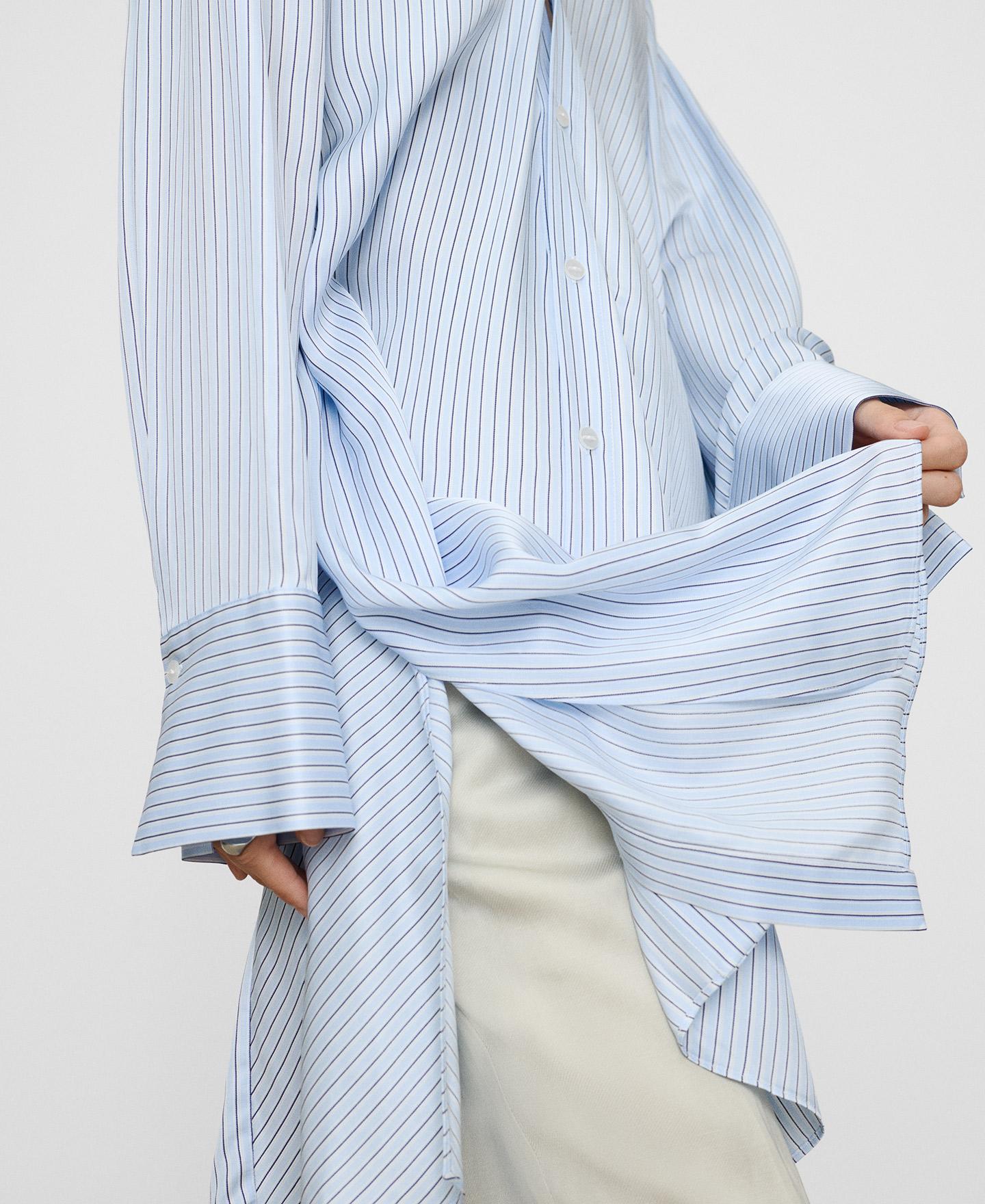 Vestido Curto Tipo Camisa Assimétrico Às Riscas Azul-4