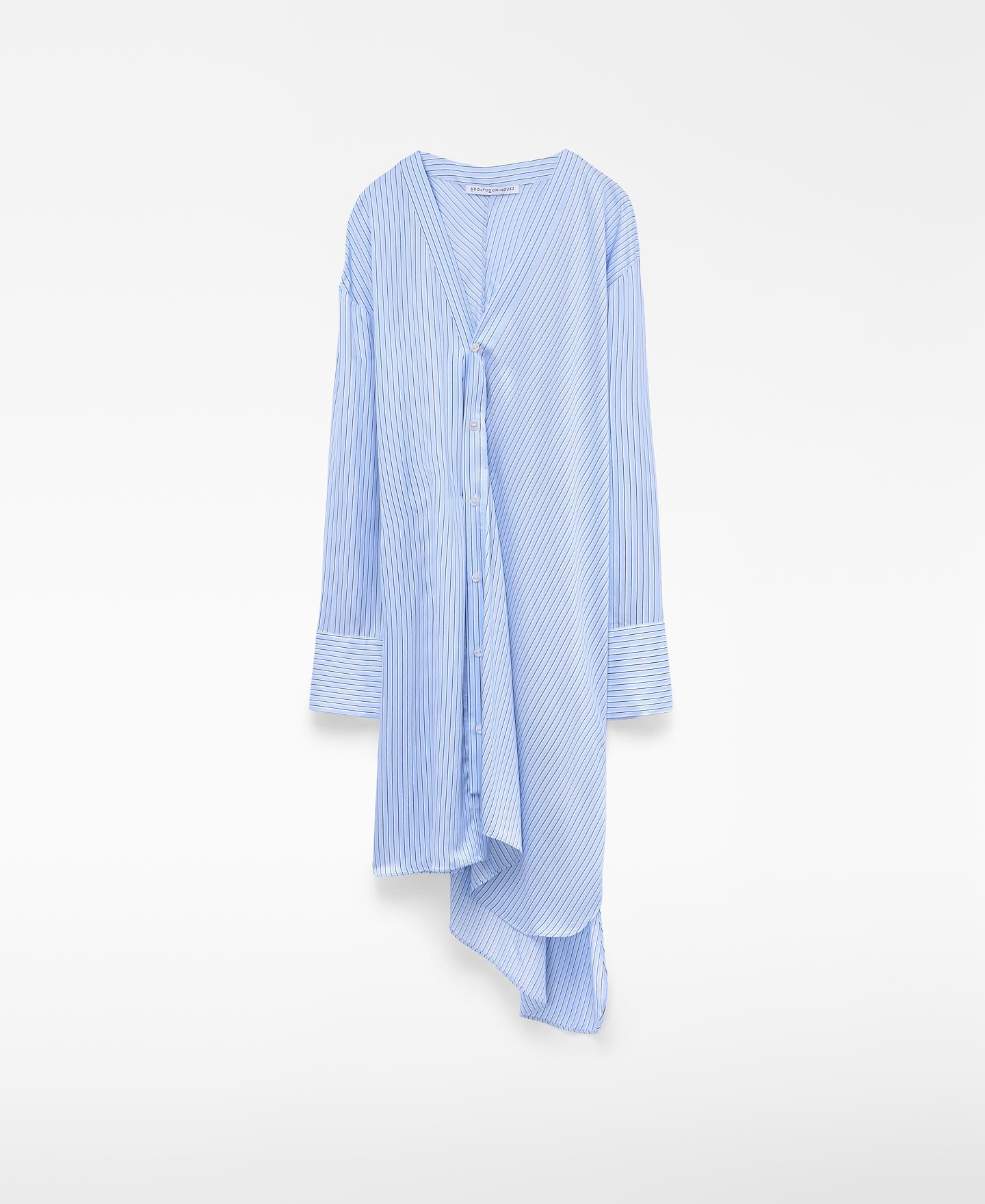 Vestido Curto Tipo Camisa Assimétrico Às Riscas Azul-5