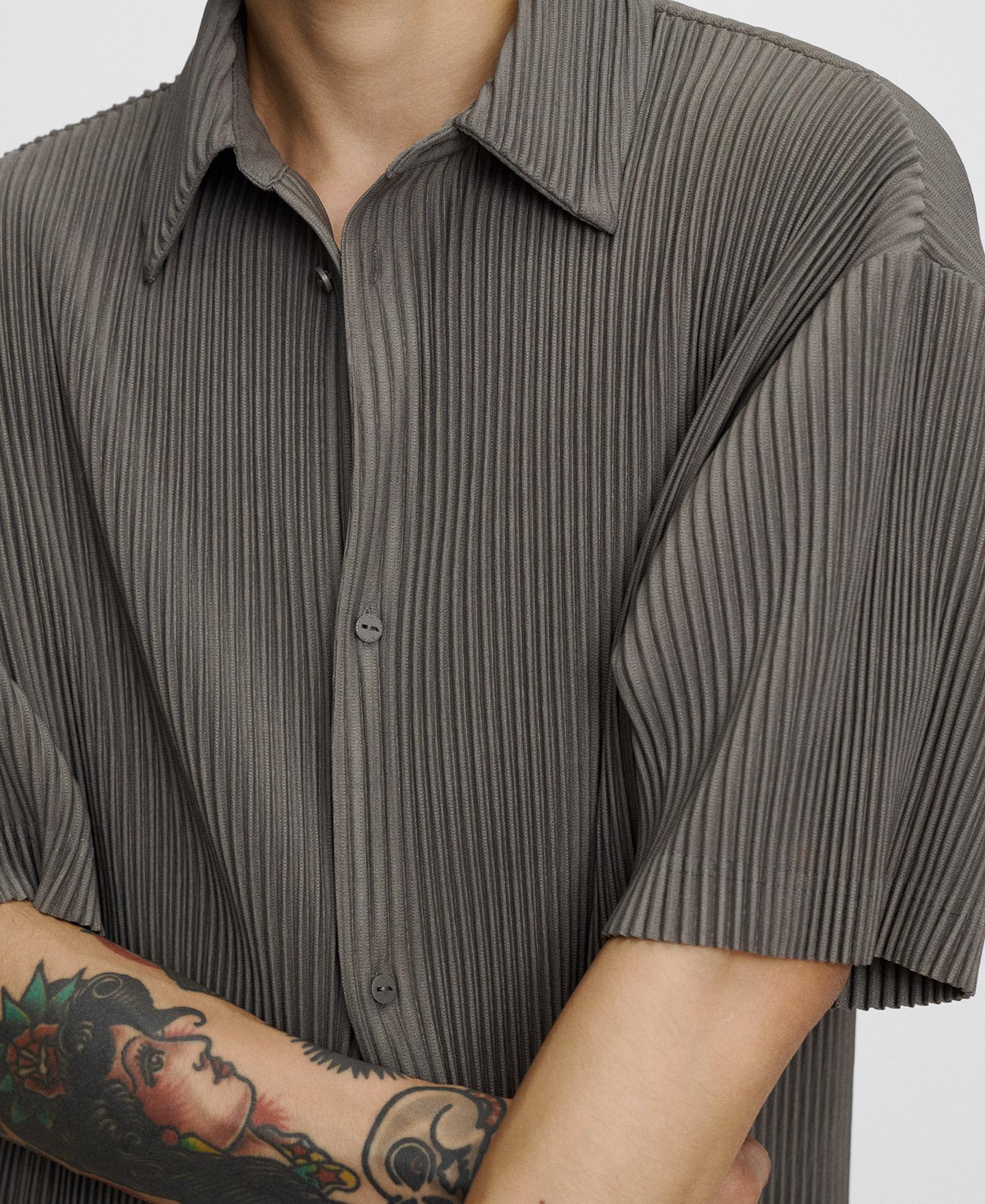 Camisa de Manga Curta em Crinkle com Gola Italiana Cinzento-4