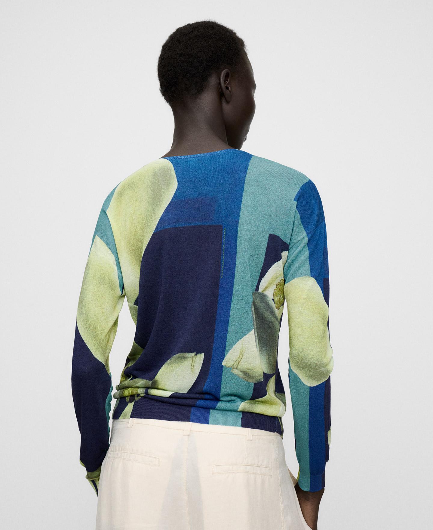 Camisola de Malha Fina Estampada com Gola Redonda Azul / Verde-3