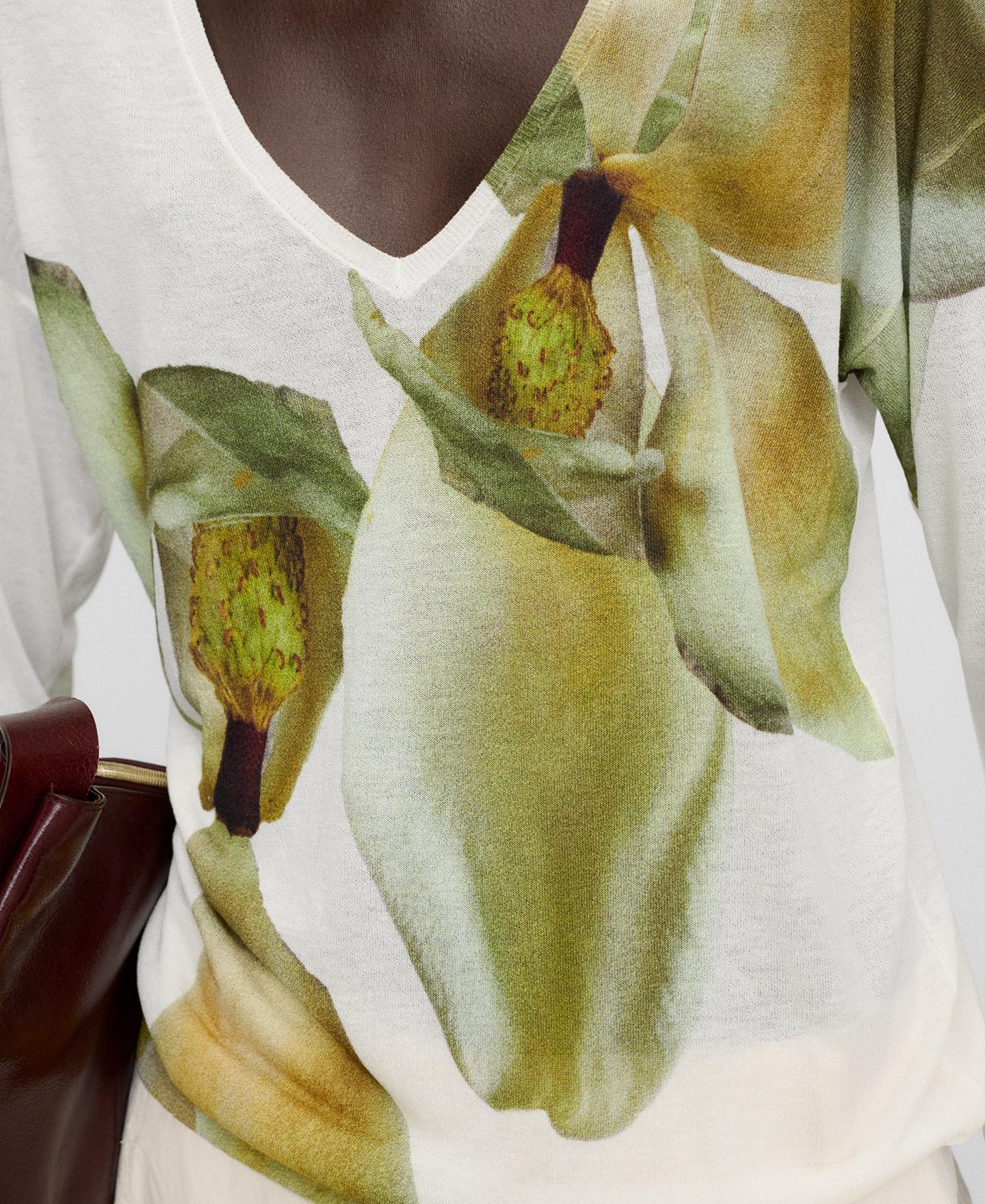 Camisola de Malha Fina Estampada com Gola em V Branco / Verde-4