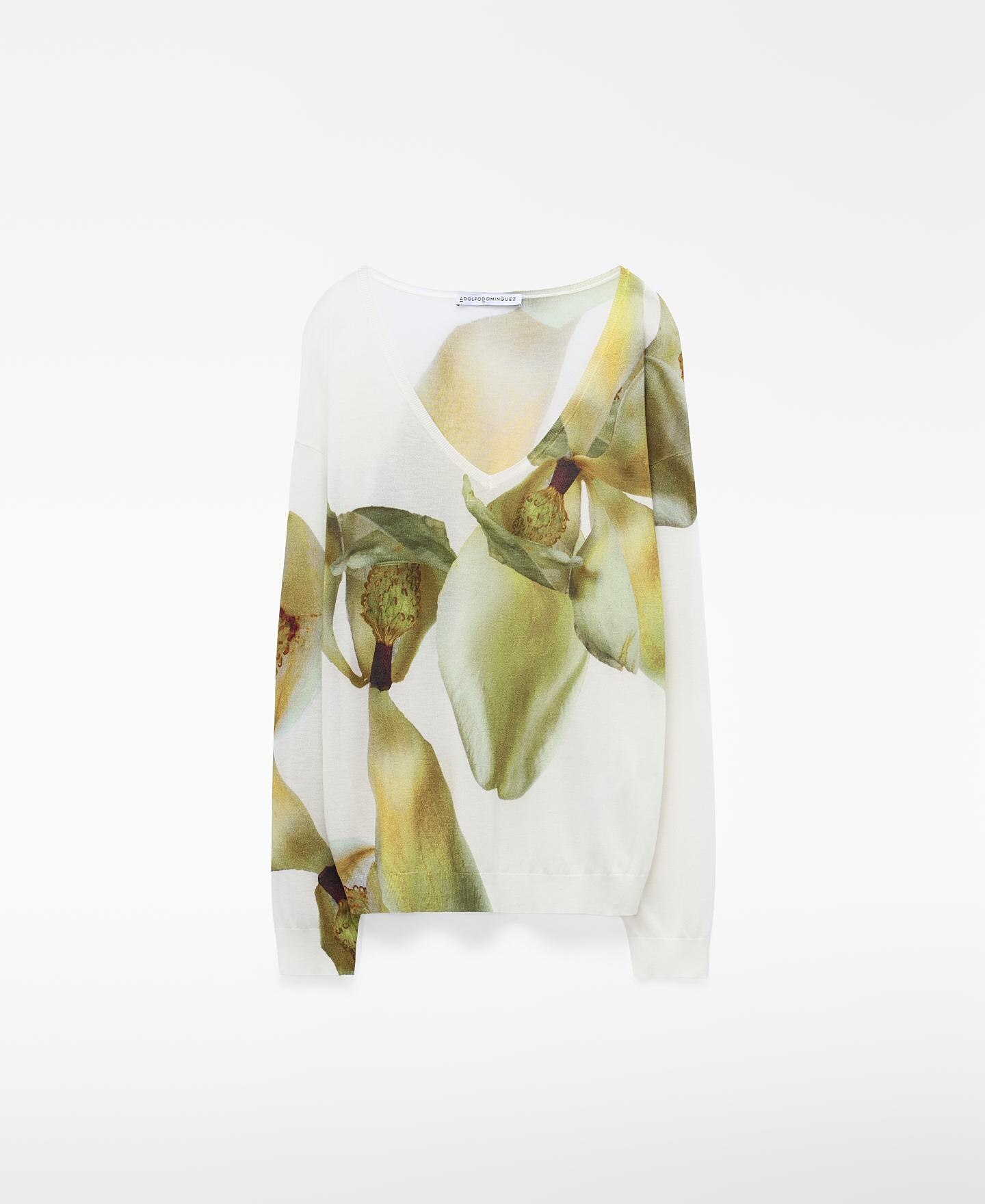 Camisola de Malha Fina Estampada com Gola em V Branco / Verde-5