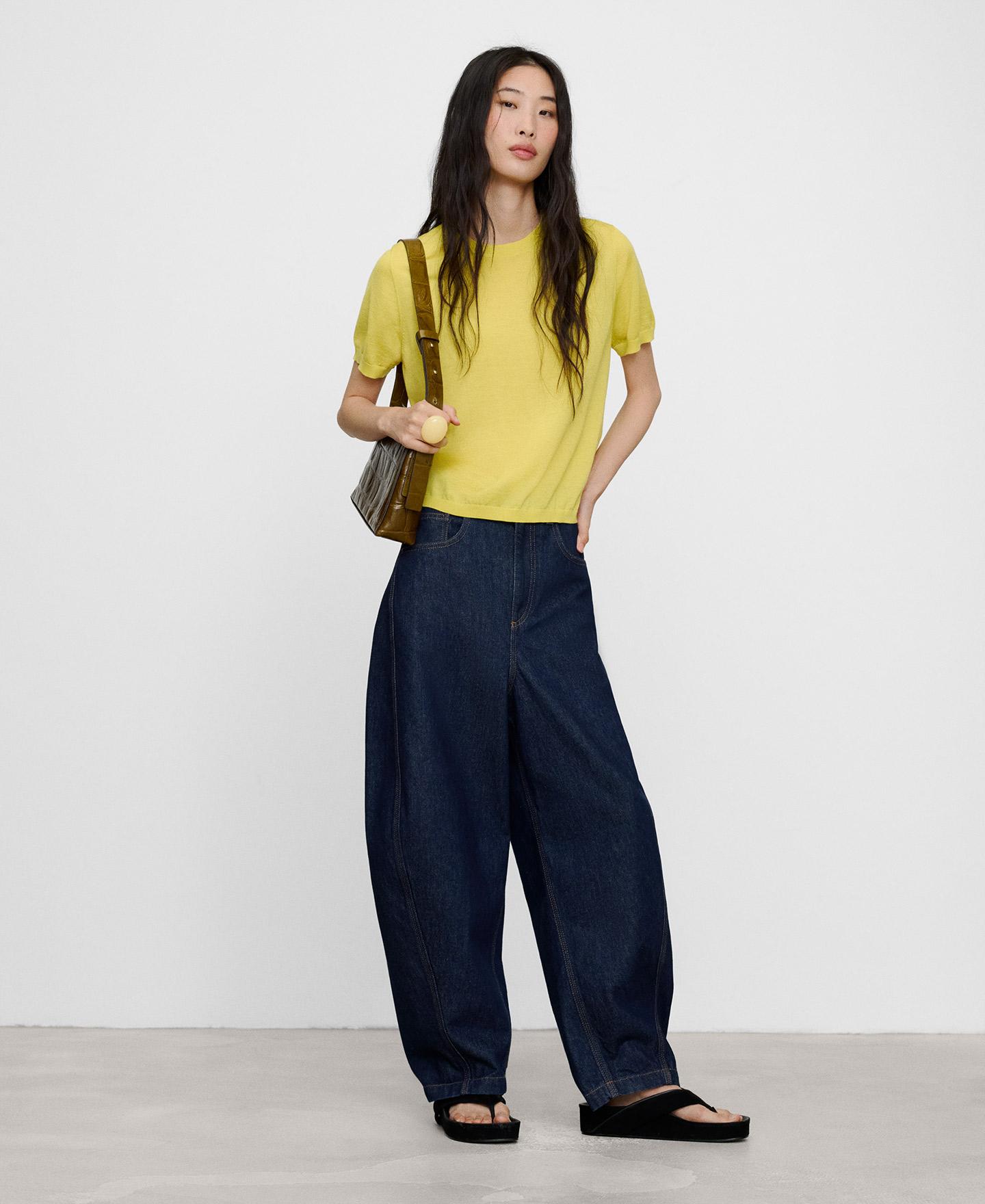 Camisola de Manga Curta em Malha de Lã Merino Amarelo-2