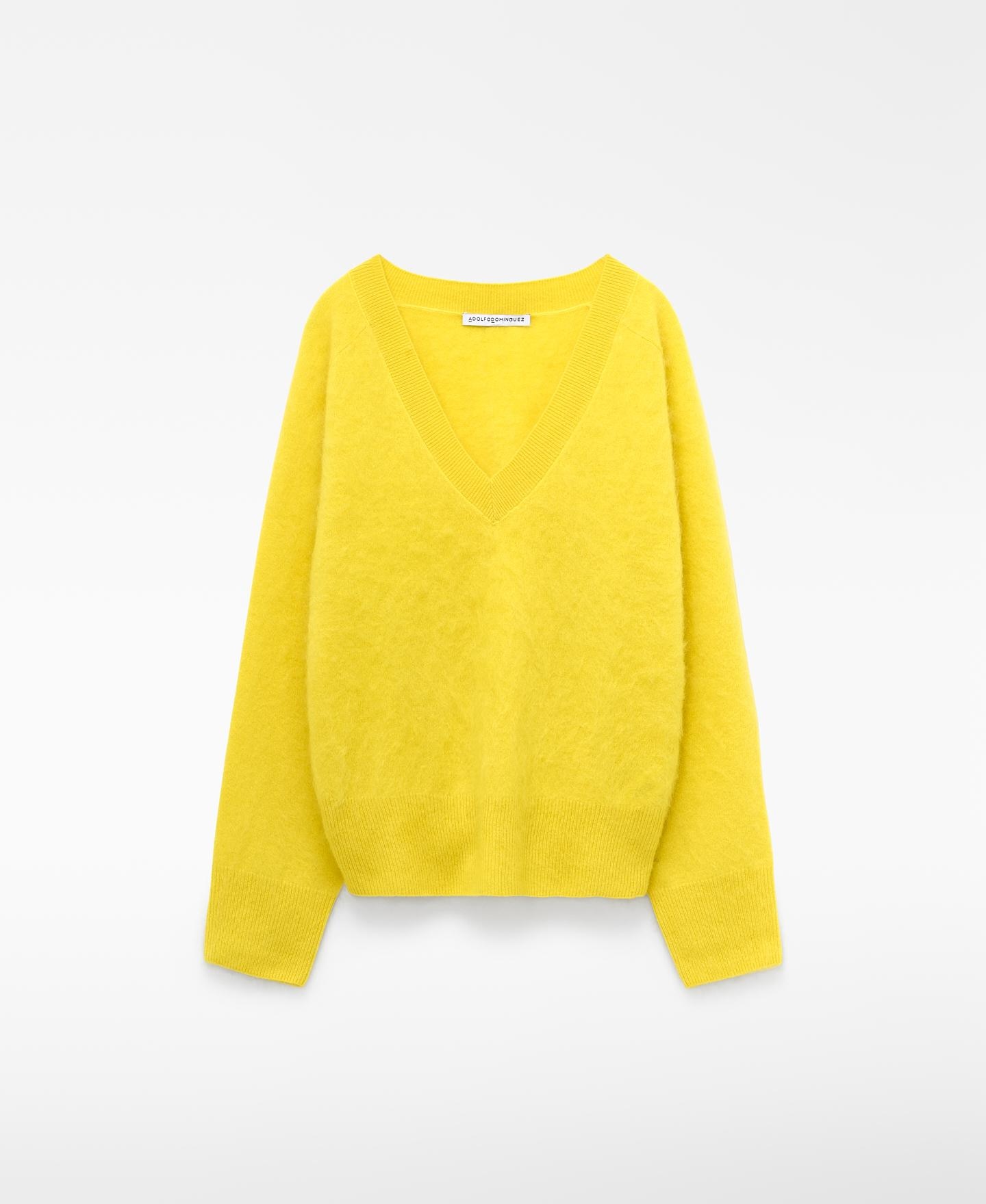 Camisola em Malha Cardada de Lã Merino com Gola em V Amarelo-5