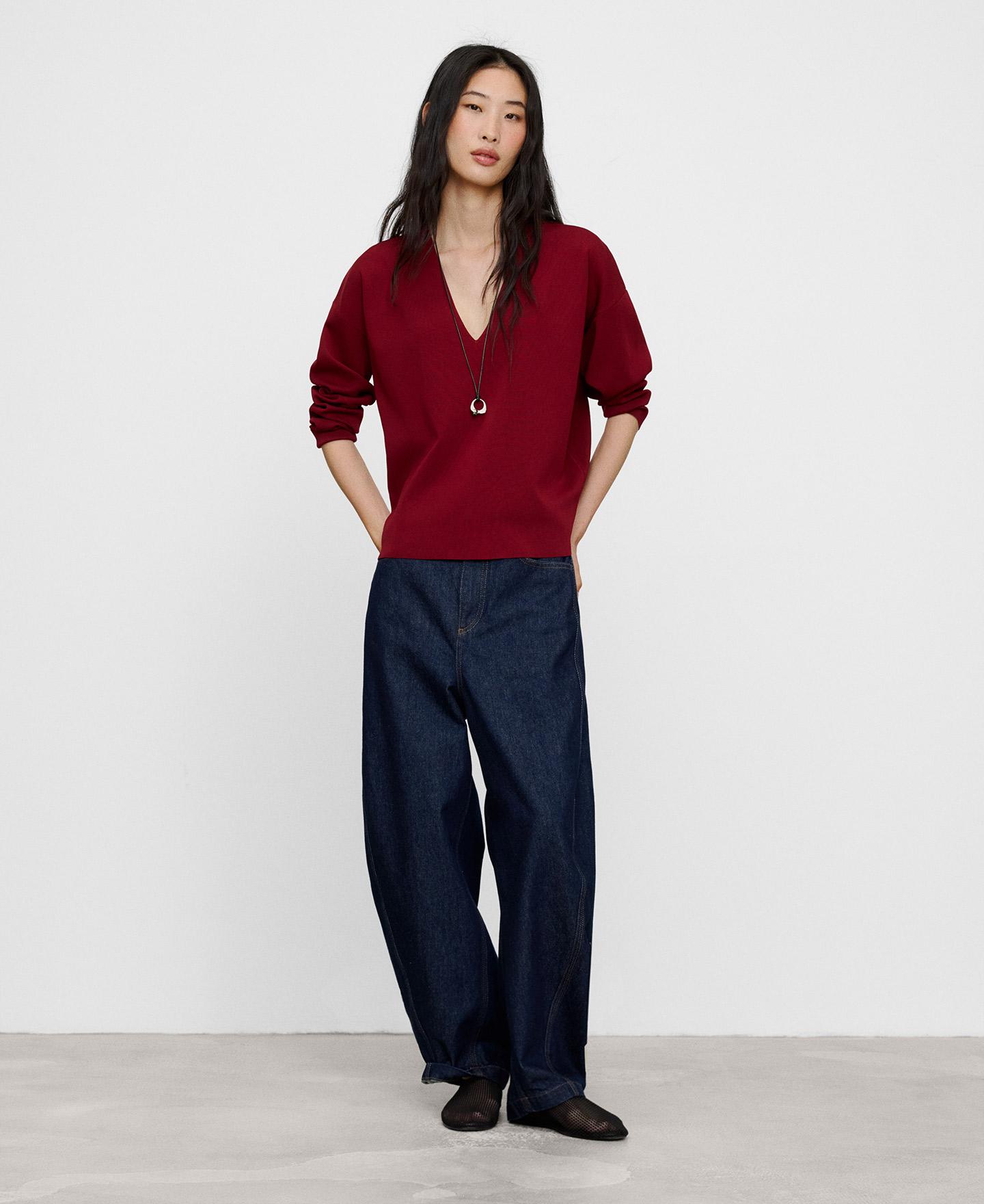 Camisola com Gola em V e Manga Comprida Vermelho-2