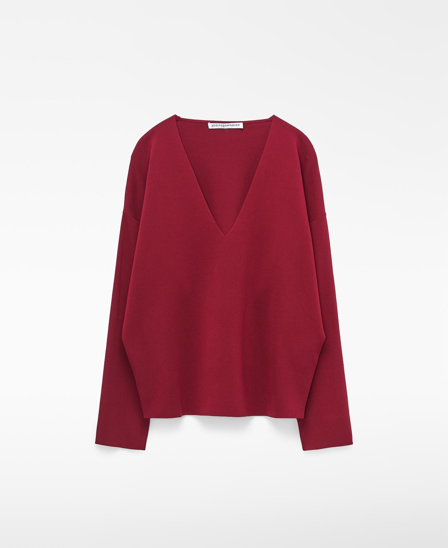 Camisola com Gola em V e Manga Comprida Vermelho-5