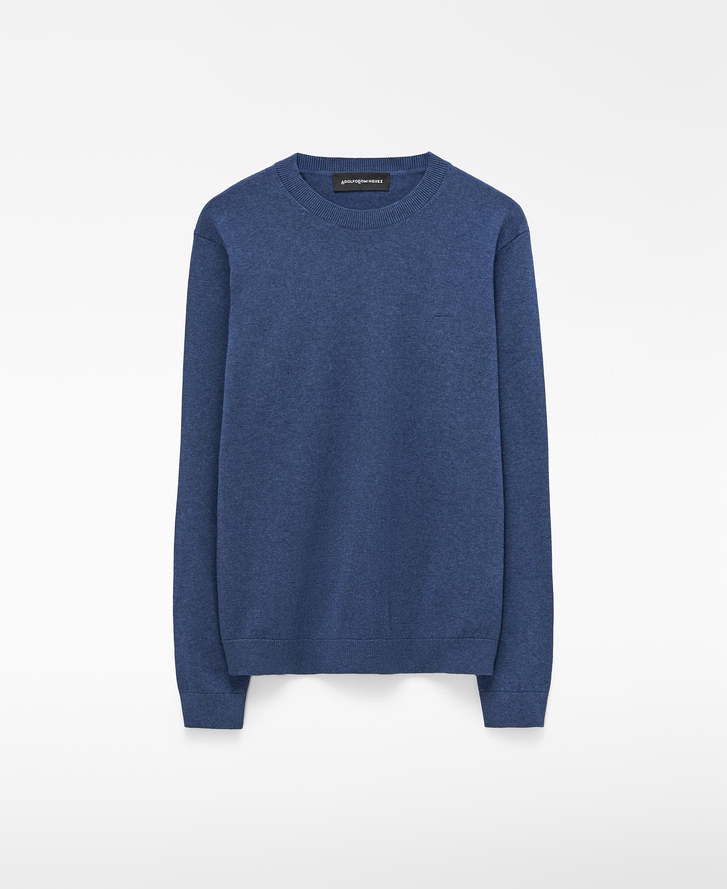 Camisola com Gola Redonda em Lã e Algodão Azul-5