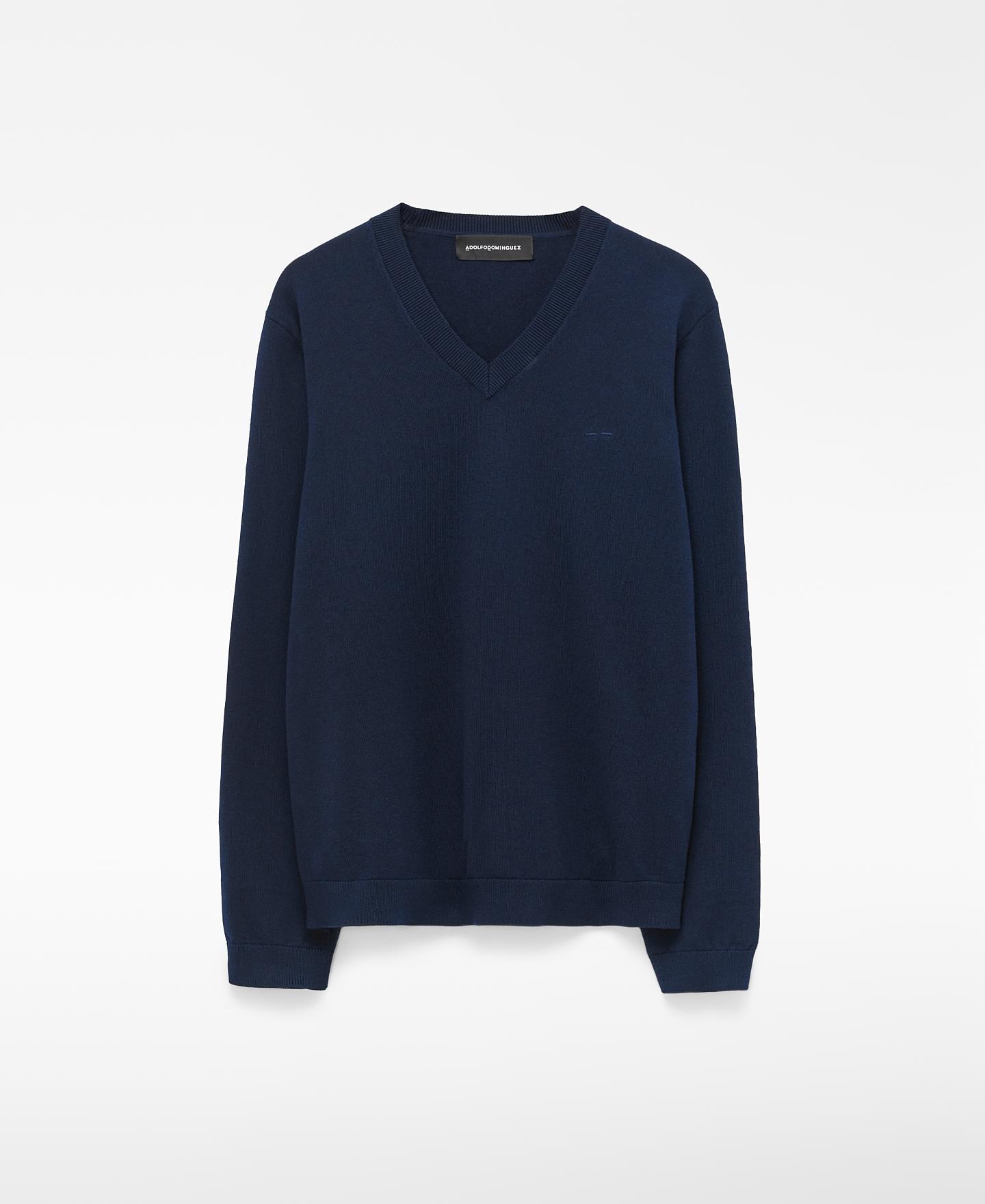 Camisola Regular Fit com Gola em V em Lã e Algodão Azul-marinho-5