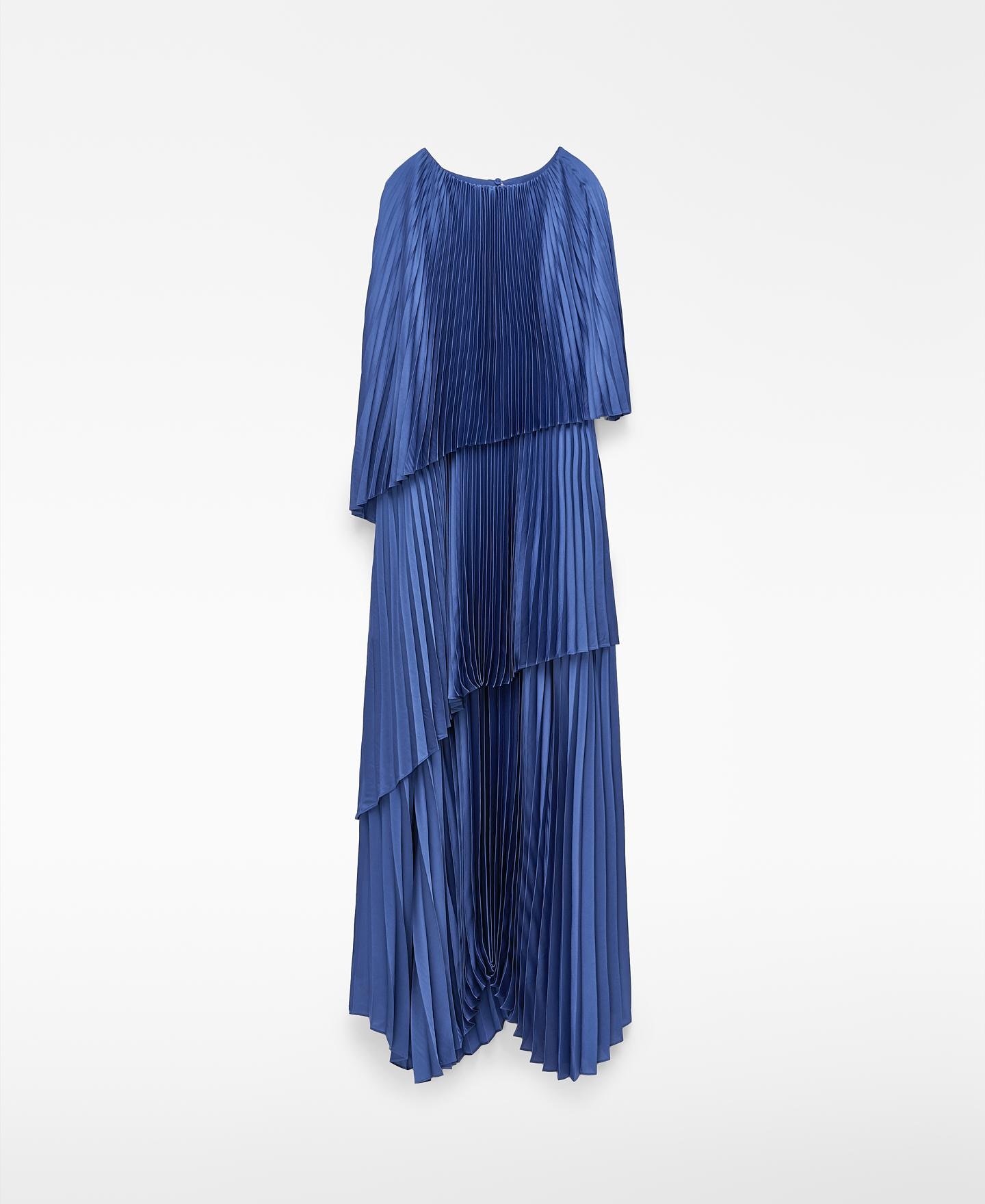 Vestido Comprido em Crinkle com Capas Assimétricas Azul-5