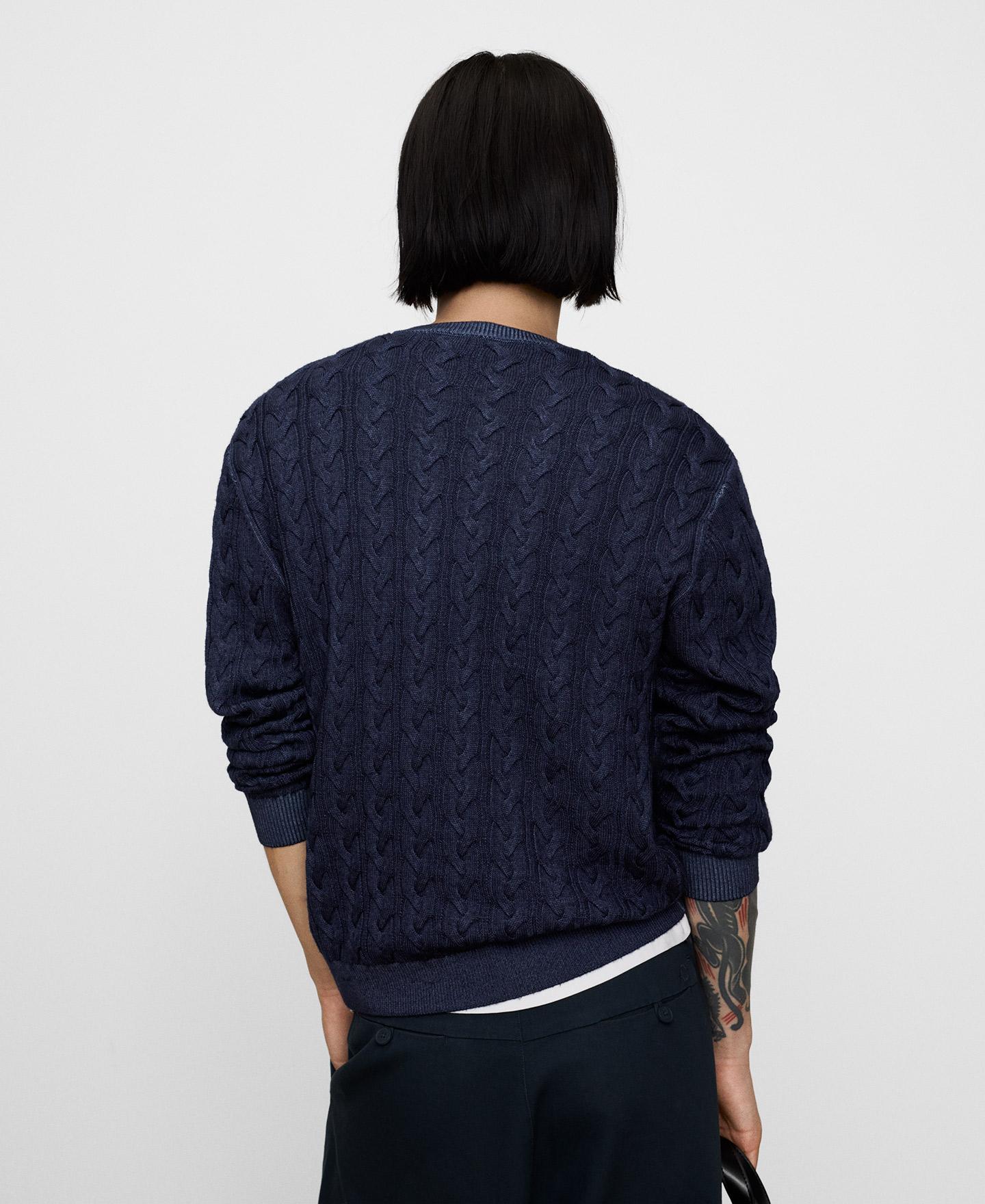 Camisola de Lã Merino com Remates em Canelado Azul-marinho-3