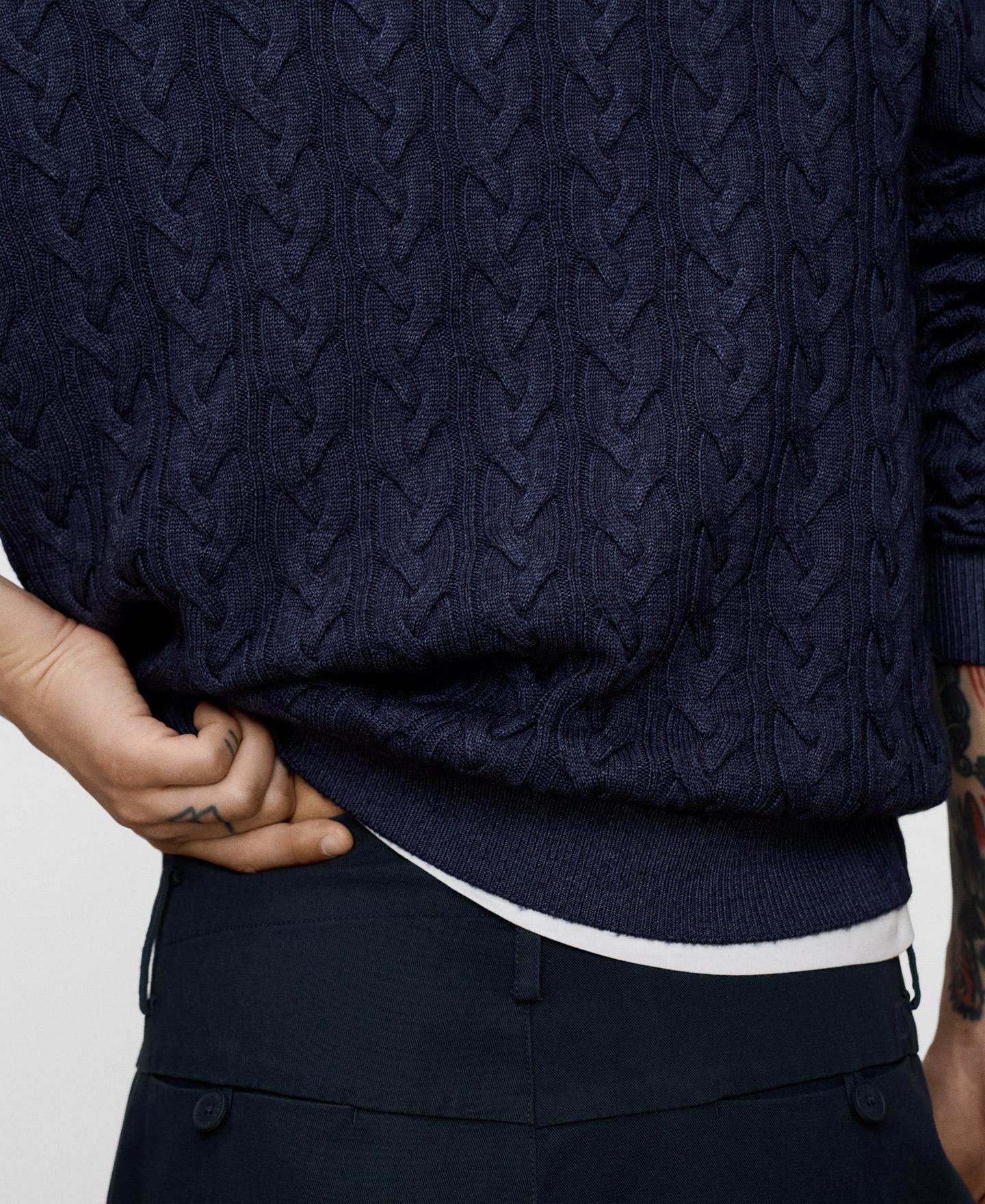 Camisola de Lã Merino com Remates em Canelado Azul-marinho-4