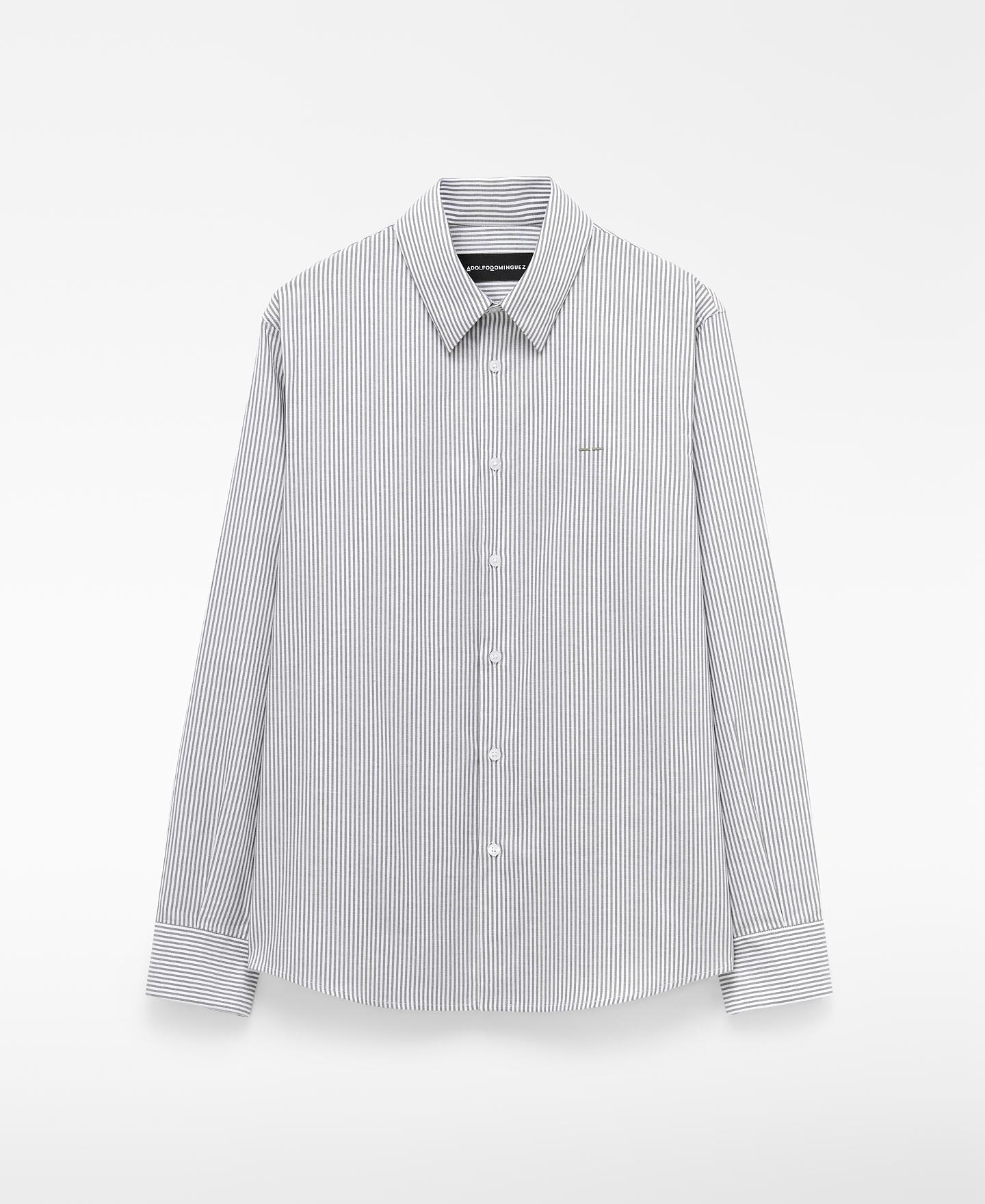 Camisa de Algodão Às Riscas e Gola Italiana Cinzento / Branco-5