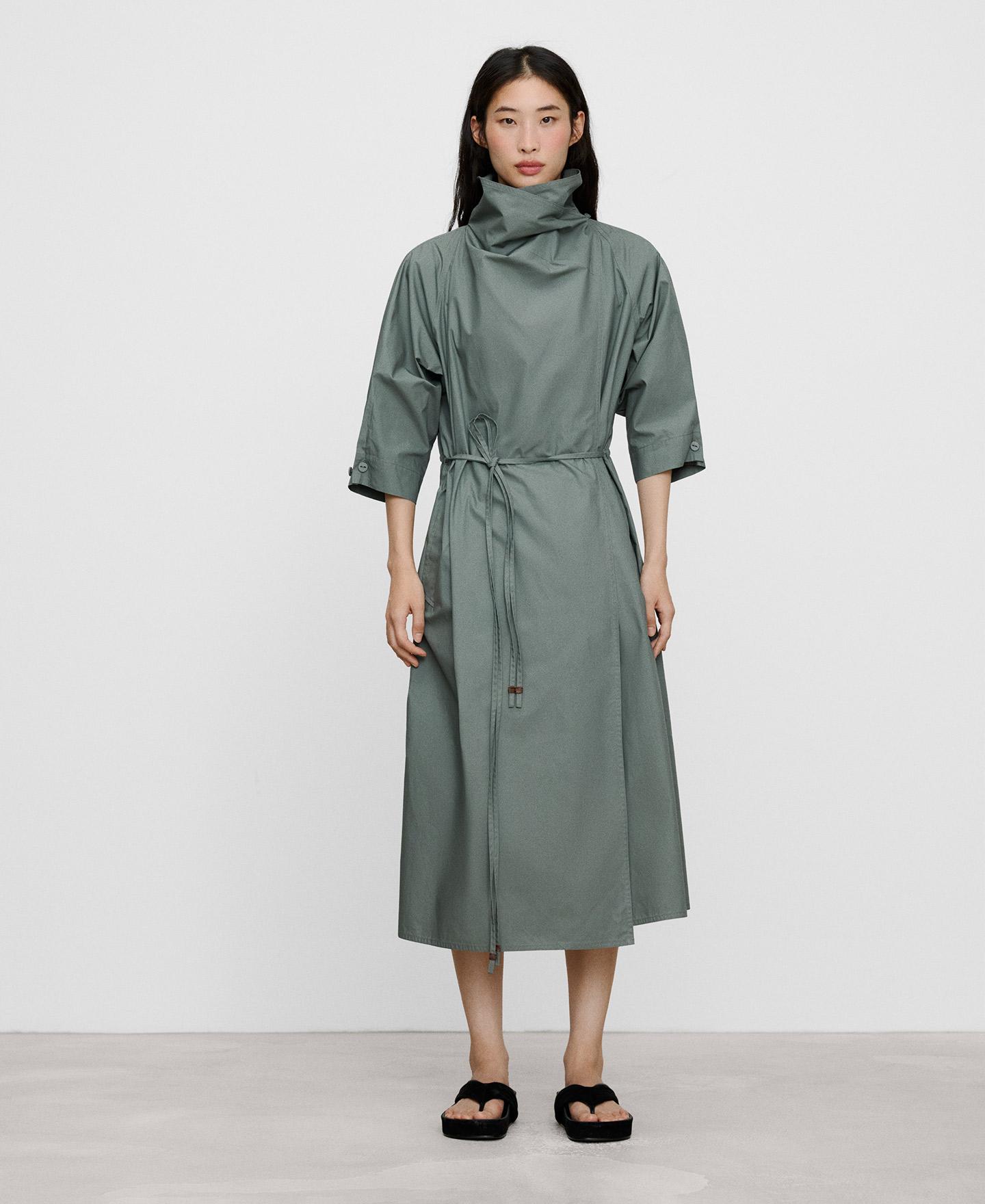 Vestido Gabardina Midi de Algodão com Gola Chaminé Verde-2