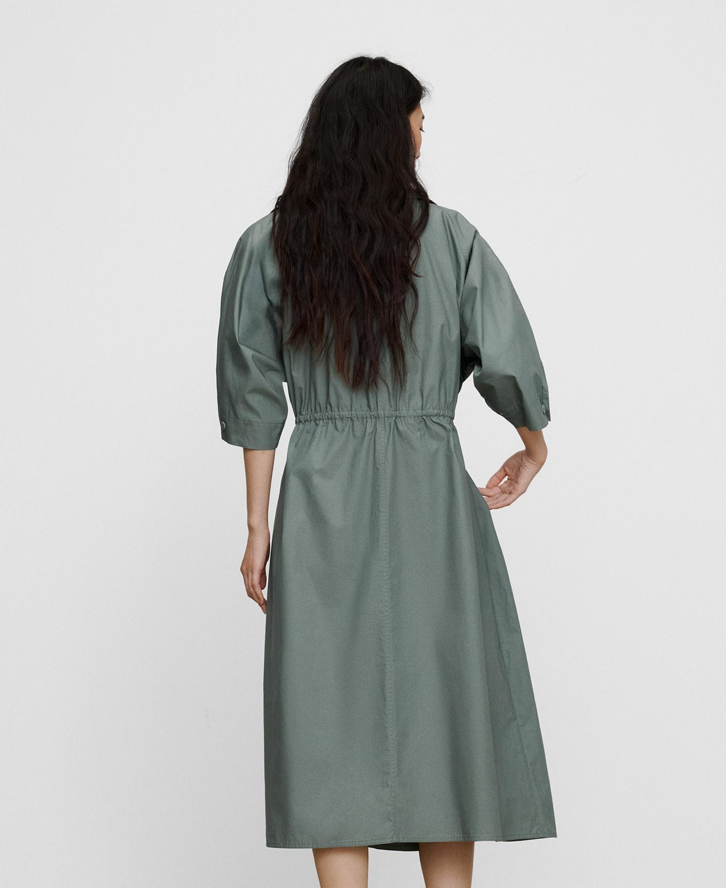 Vestido Gabardina Midi de Algodão com Gola Chaminé Verde-3