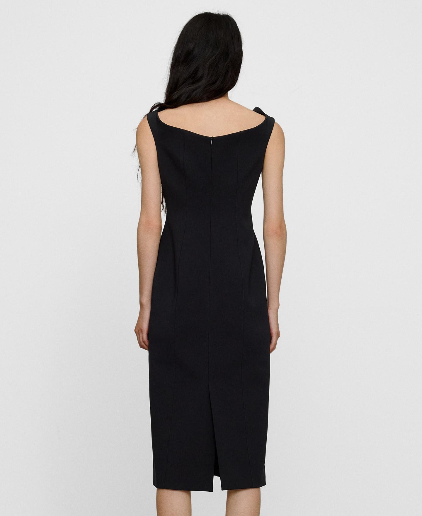 Vestido Midi Ajustado sem Mangas com Decote Franzido Preto-3