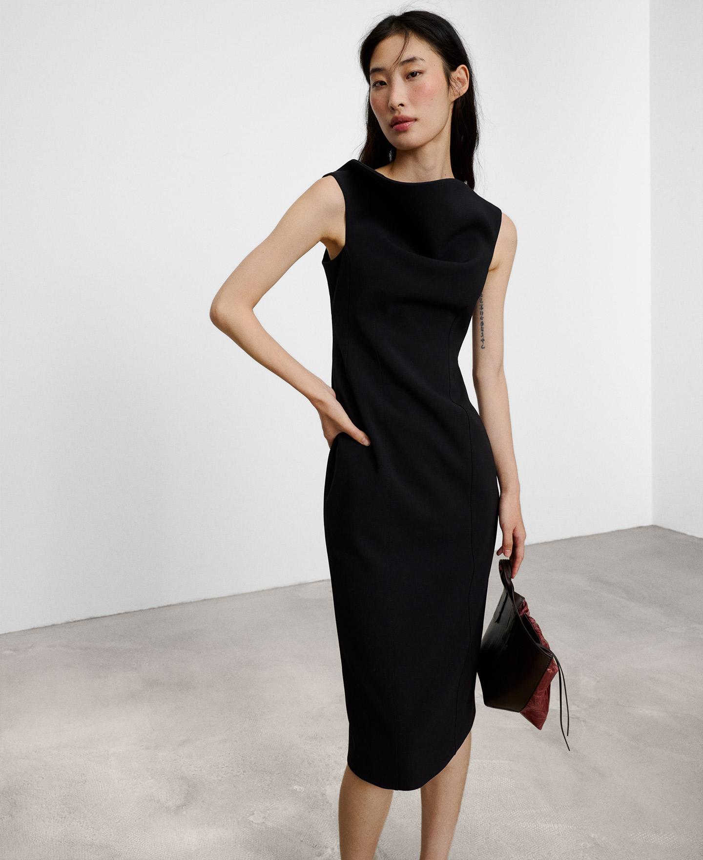 Vestido Midi Ajustado sem Mangas com Decote Franzido Preto-4