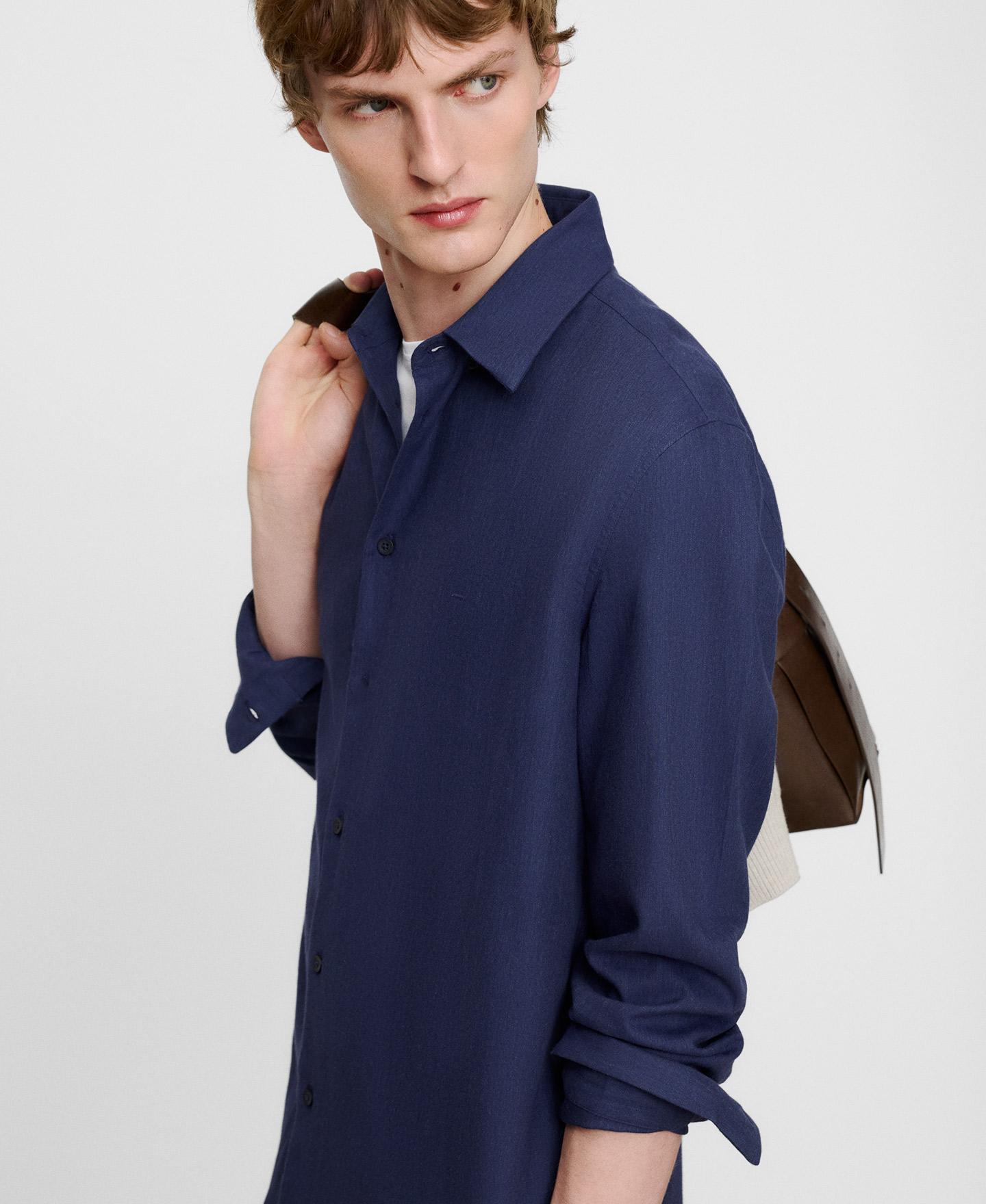Camisa Regular Fit de Algodão com Gola Italiana Azul-escuro-4