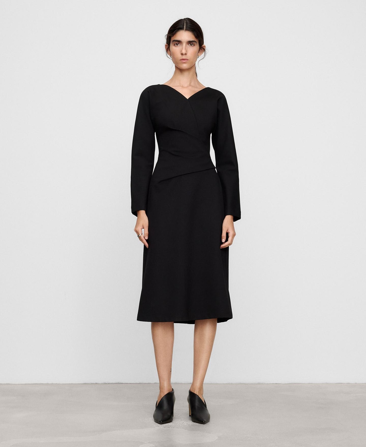 Vestido Midi Cruzado com Gola em V Preto-2