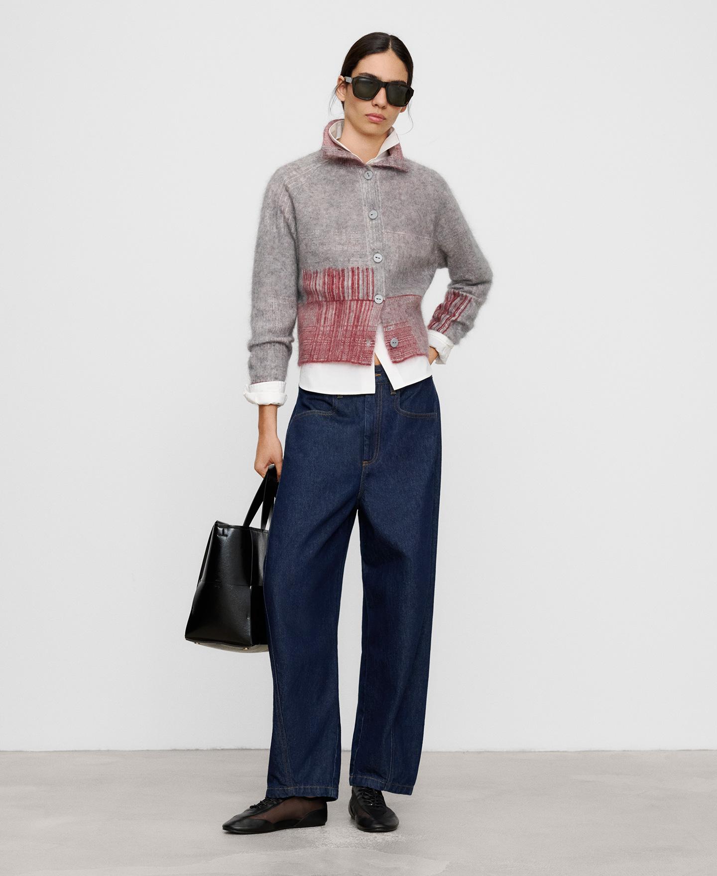 Cardigan com Botões Frontais de Mohair e Lã Merino Cinzento-2