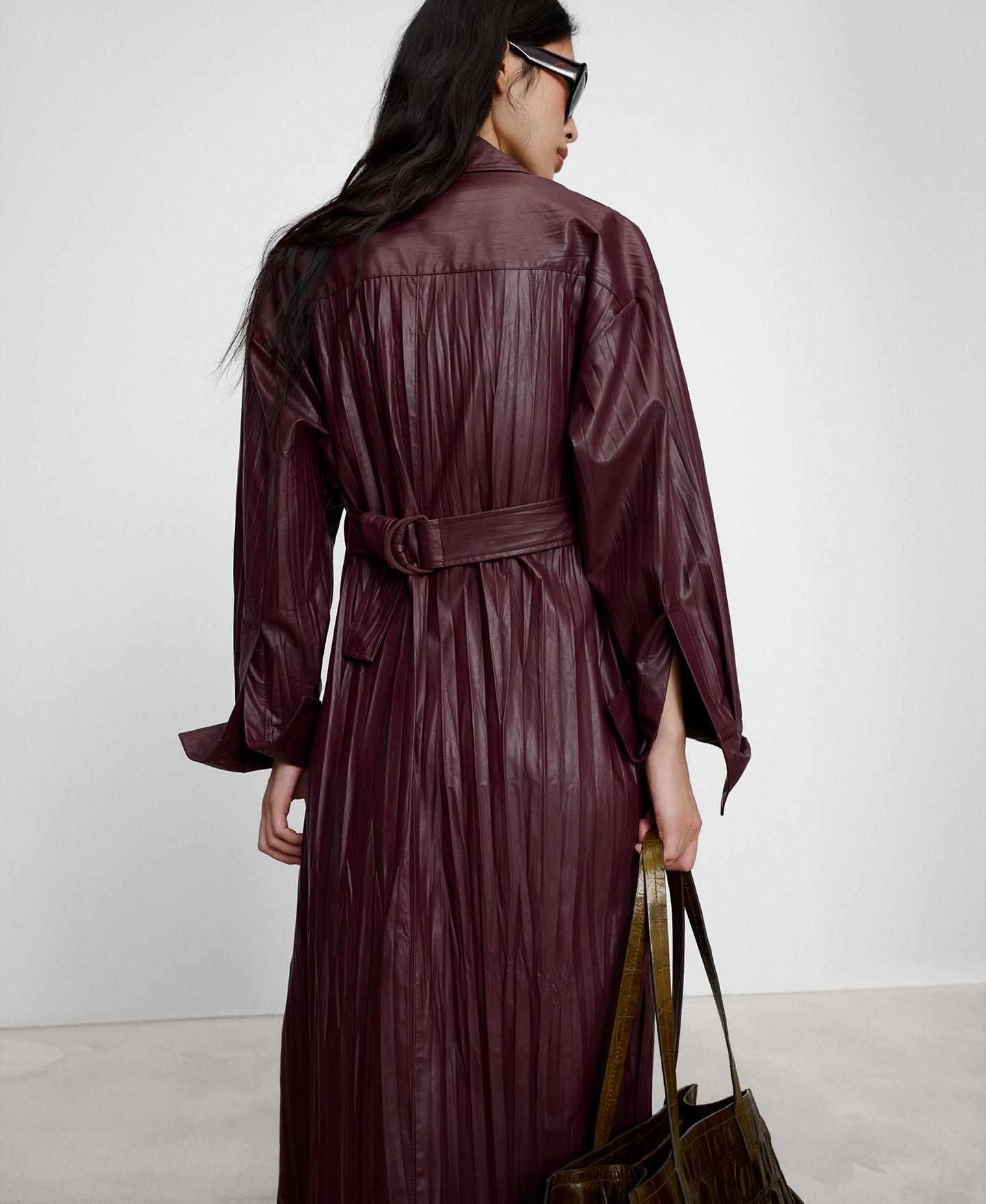 Vestido Midi de Manga Comprida em Pele Não Pele Efeito Enrugado Grená-3
