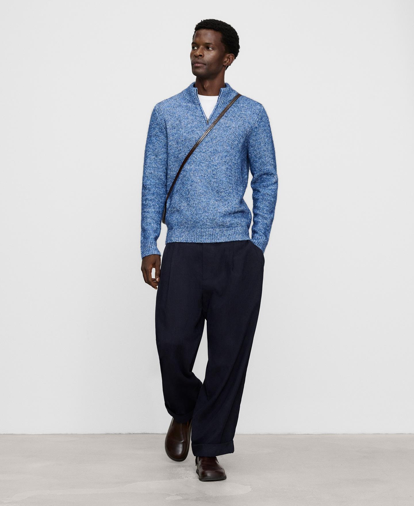 Camisola de Meia Fecho Zip com Algodão e Lã Merino Azul-2