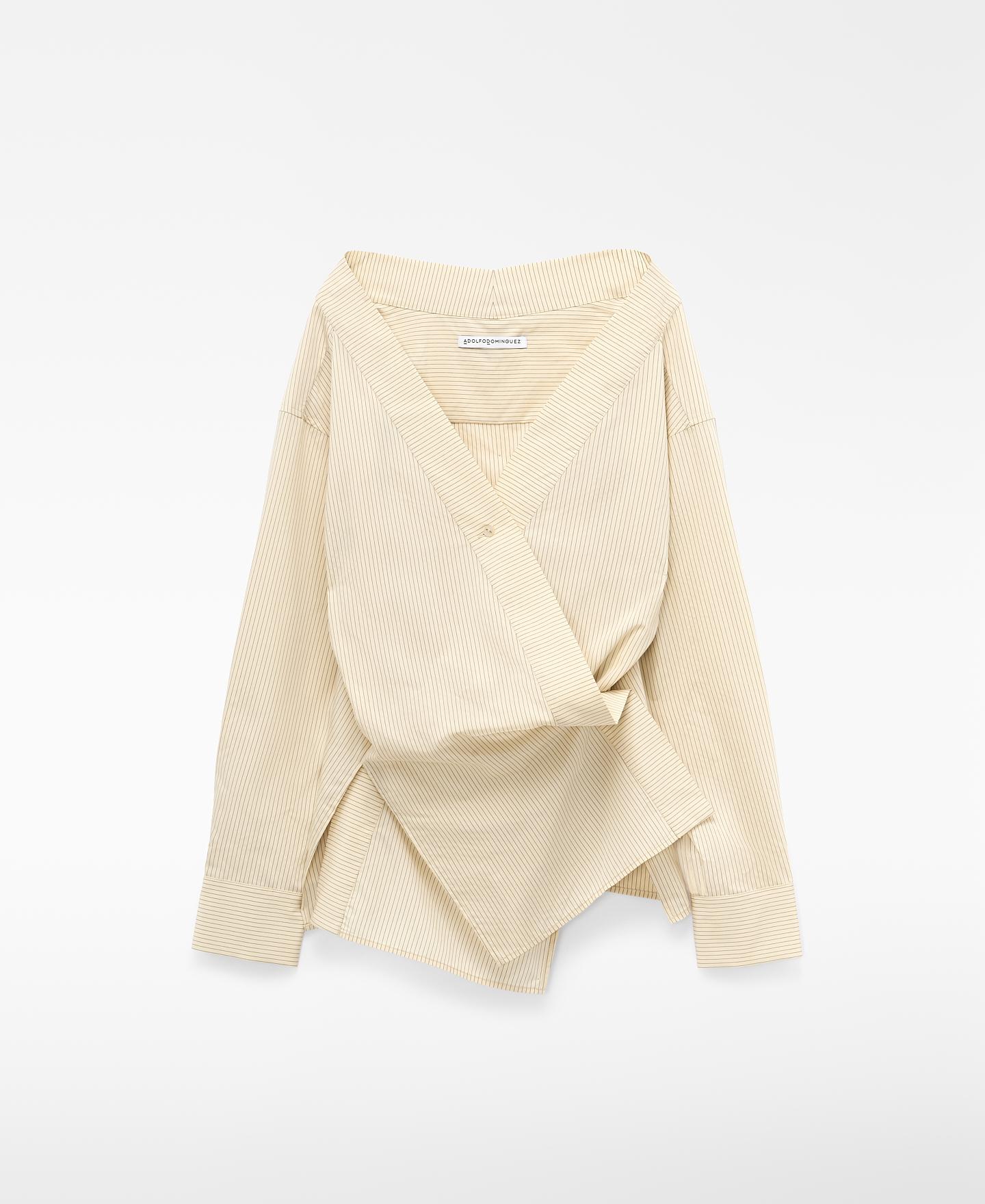 Camisa Cruzada Assimétrica Às Riscas Camel-5