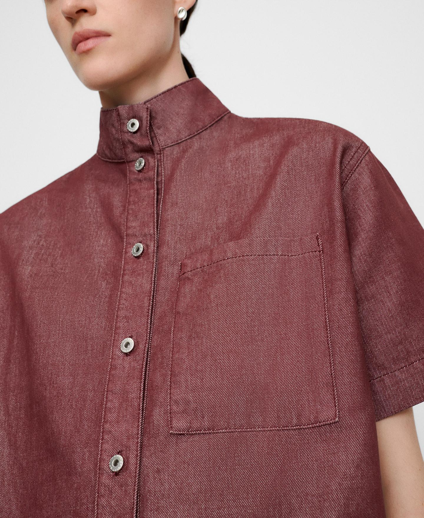 Camisa Boxy de Manga Curta em Denim Castanho-4