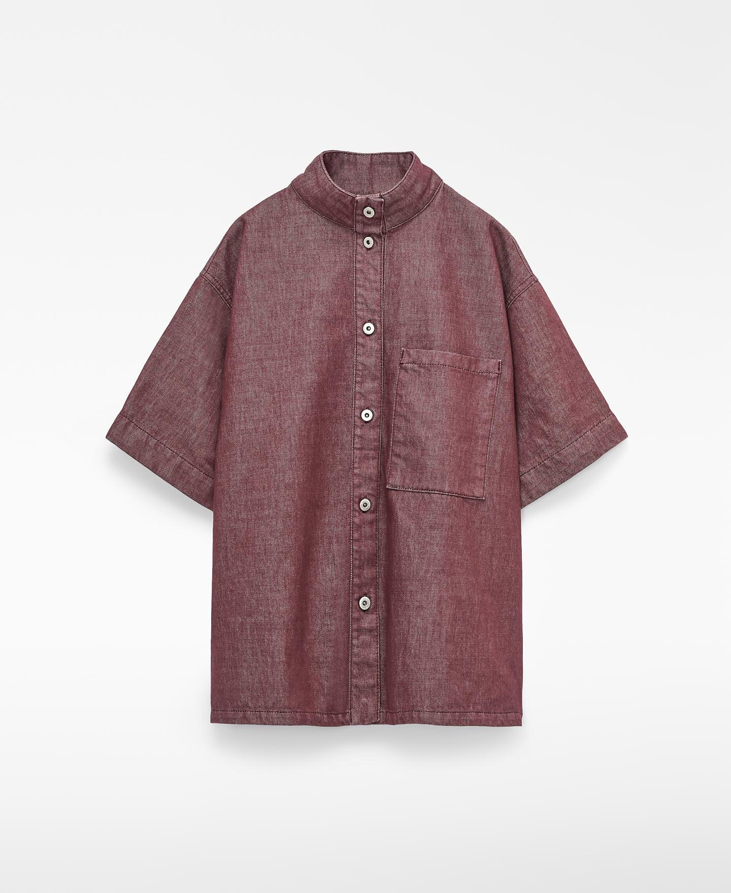 Camisa Boxy de Manga Curta em Denim Castanho-5