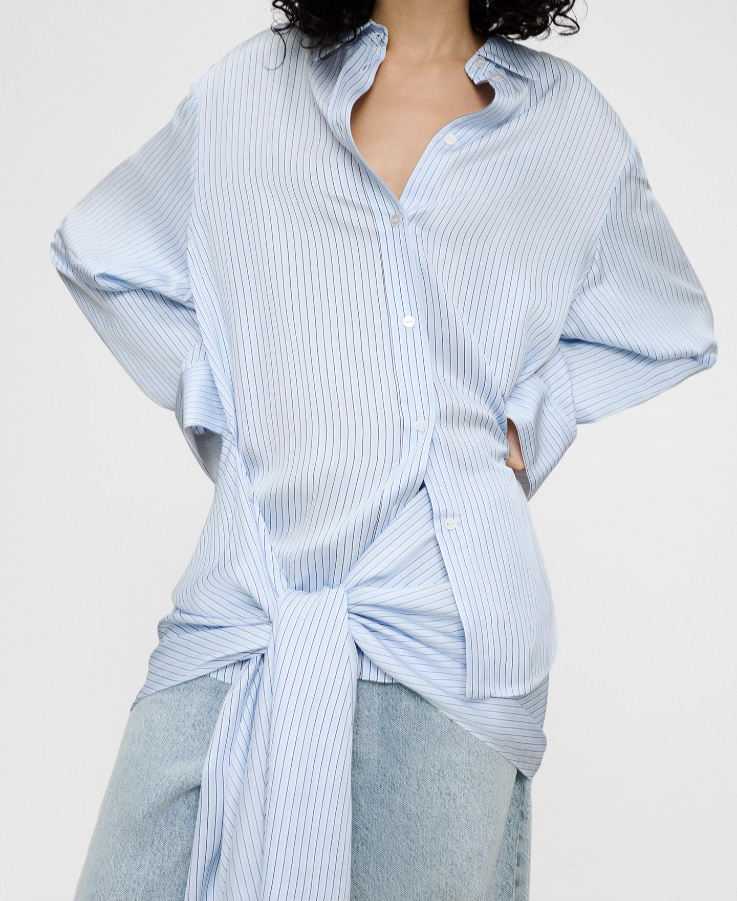 Camisa Assimétrica Às Riscas de Manga Comprida Azul-4