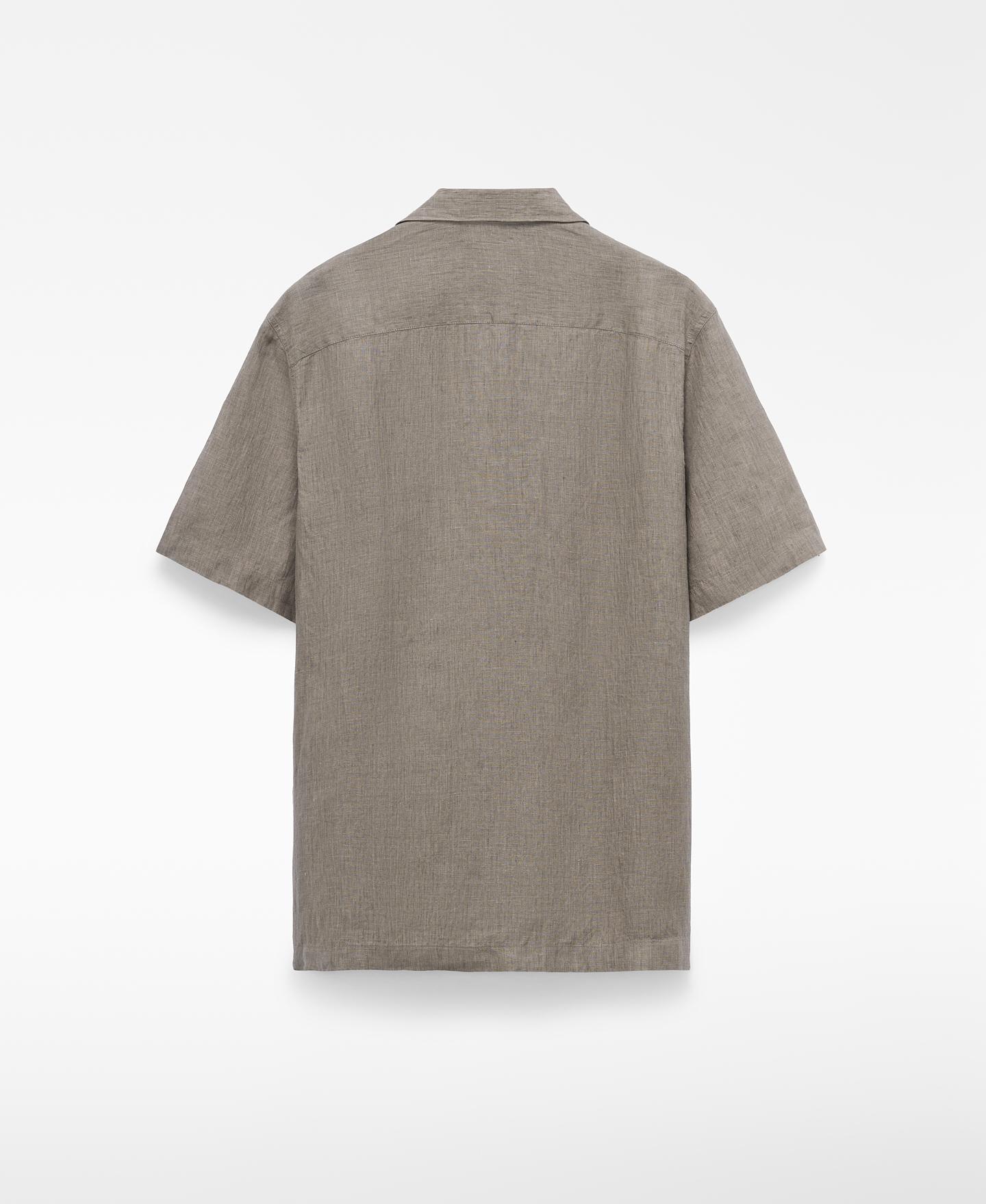 Camisa de Linho e Manga Curta com Gola Bowling Bege-2